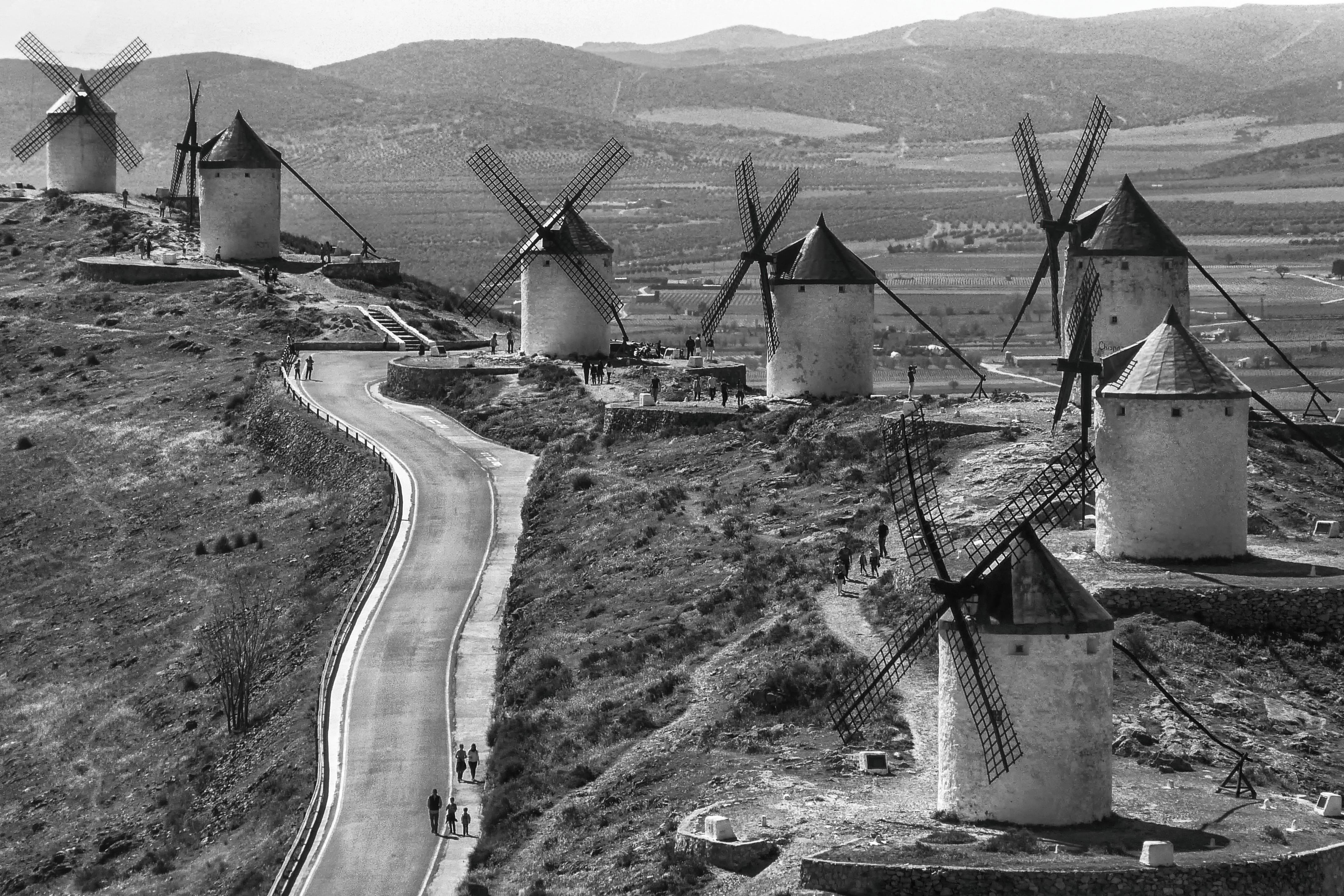 grayscale, outdoors, abandoned, water, built structure, the past, land, mountain, fuel and power generation, near, renewable energy, road, building exterior, HD Wallpaper