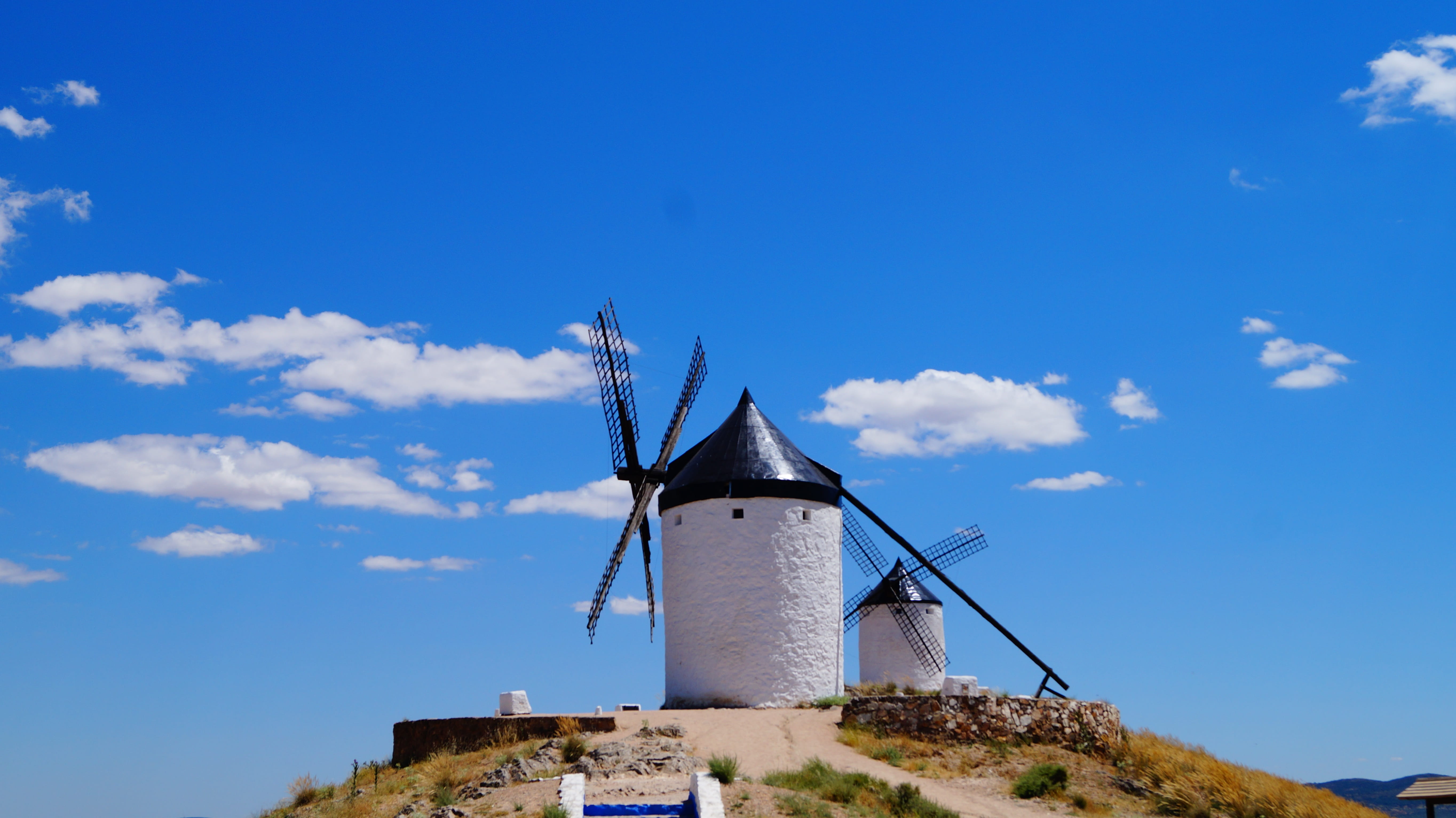 environment, alternative energy, day, famous, hill, building exterior, landscape, built structure, turbine, tourism, spain, the past, no people, sky, traditional windmill, HD Wallpaper