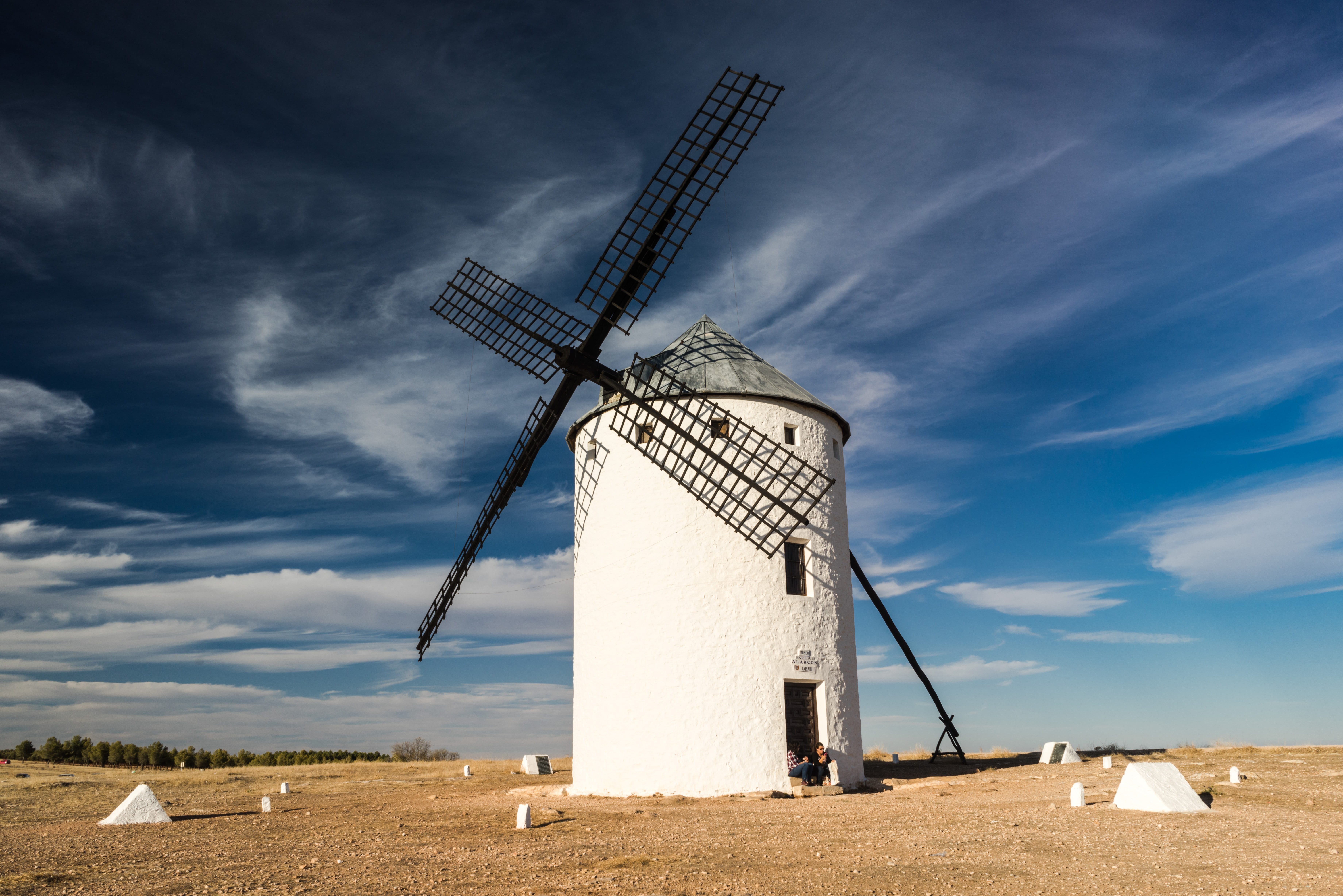 turbine, desert, sunset, white, alternative energy, day, don quixote, energy, no people, mill, architecture, nature, built structure, black, HD Wallpaper