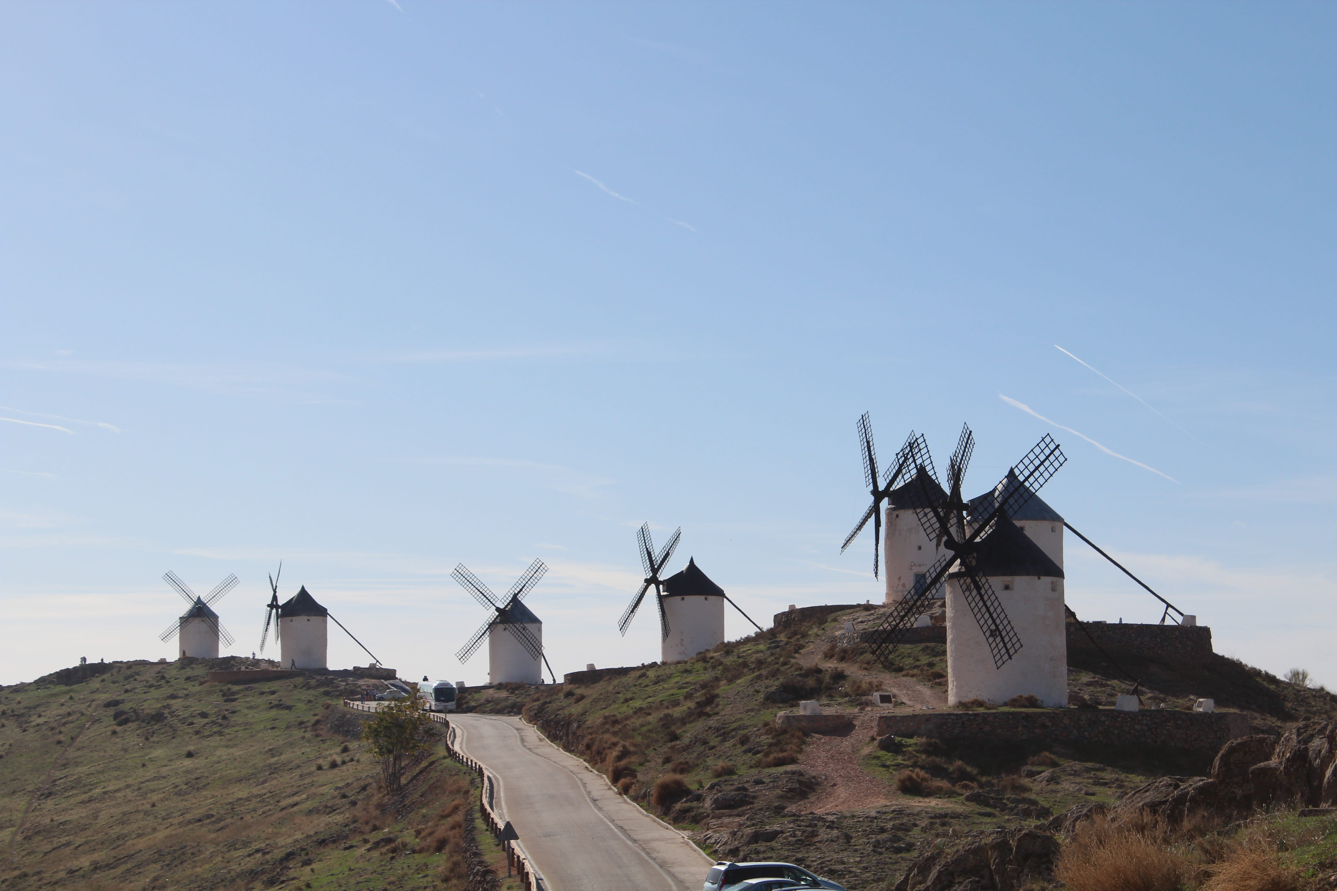 traditional windmill, wind turbine, landscape, road, alternative energy, fuel and power generation, outdoors, don quixote, blue, clear sky, environment, HD Wallpaper
