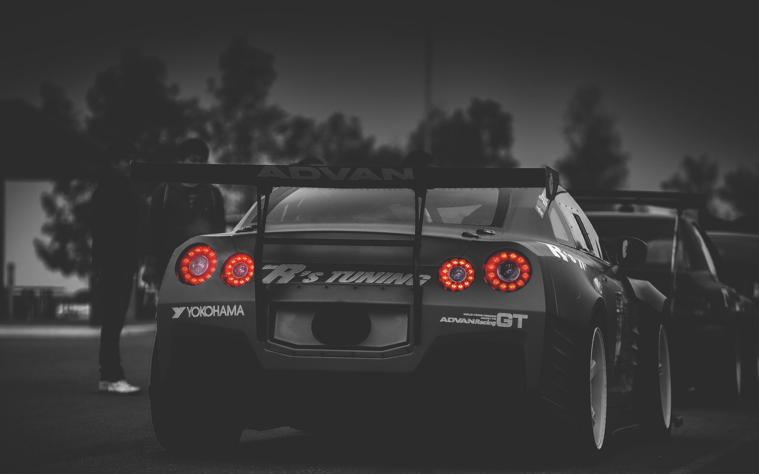 no people, number, Nissan GTR, mode of transportation, transportation, parking lot, road, street, outdoors, 2K, sports, motor vehicle, grayscale, red, HD Wallpaper