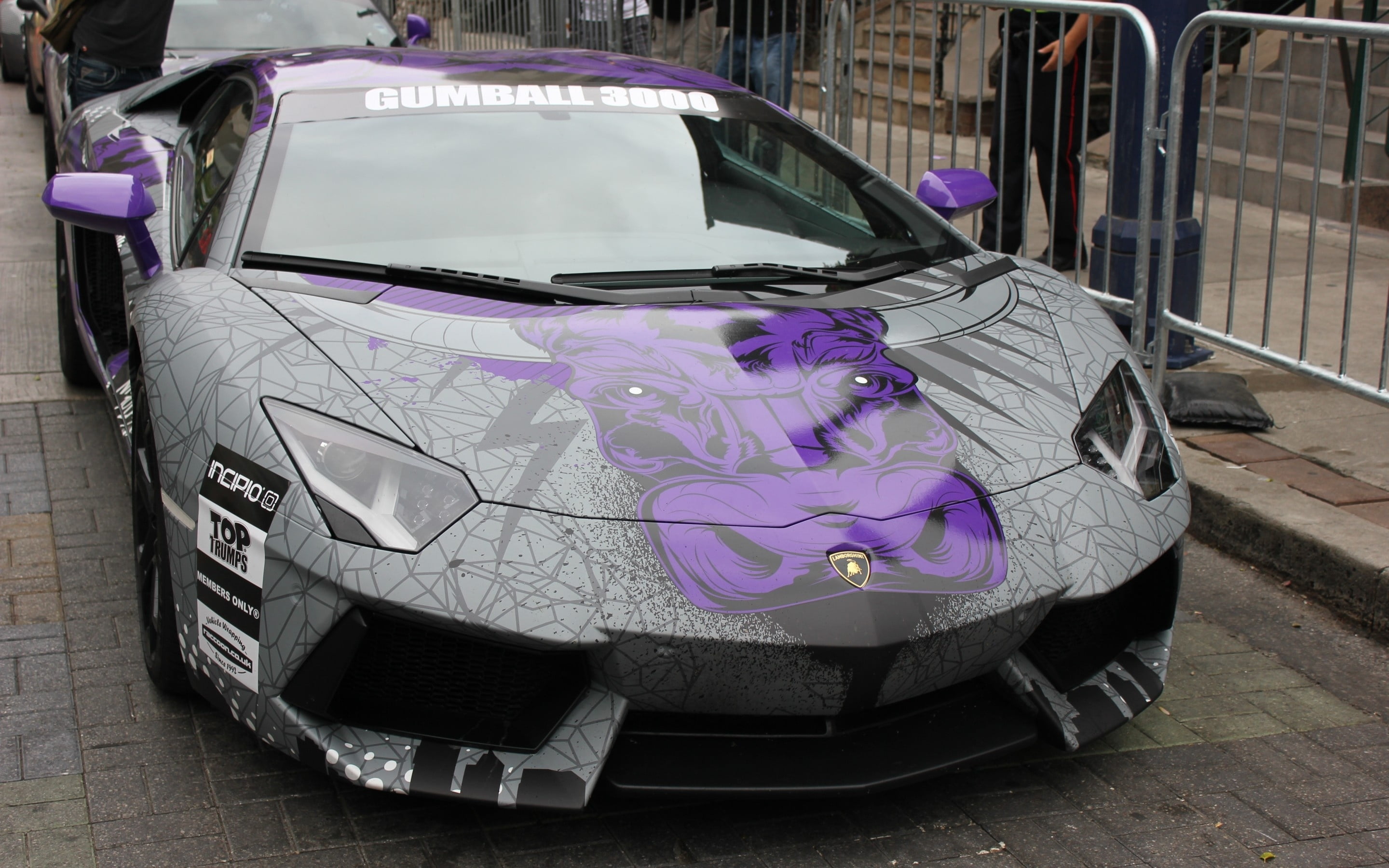 parking, gumball 3000, stationary, motor vehicle, close-up, purple, city, sport, land Vehicle, gray, outdoors, day, sports Car, pink color, competition, HD Wallpaper