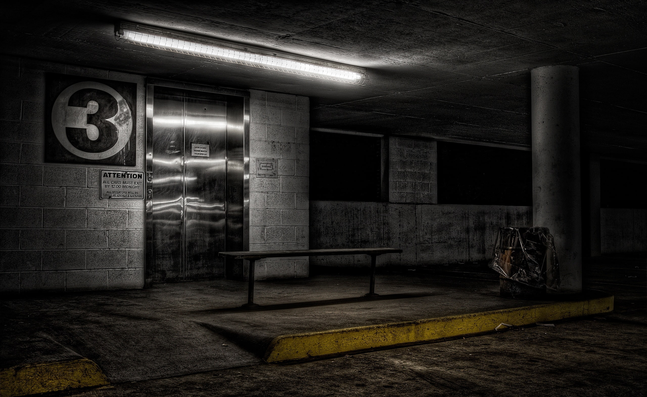 no people, flooring, underground, empty, night, wall - building feature, Aero, built structure, parking, door, architectural column, underground parking, HD Wallpaper