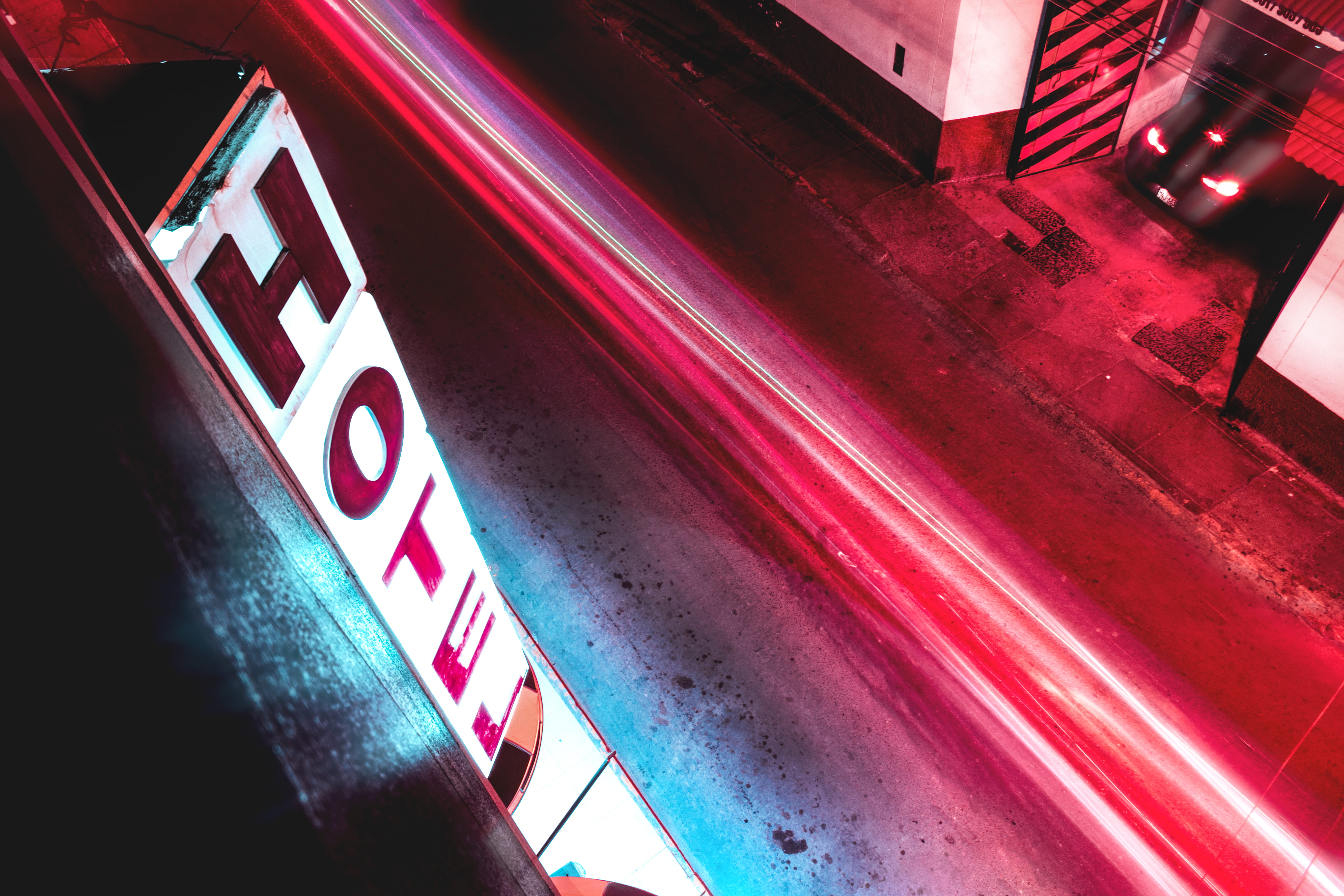 red, dark, urbanphotography, canon, text, neon, car, streetphoto, communication, time, road, light trail, high angle view, hotel, indoors, nightlife, photography, HD Wallpaper