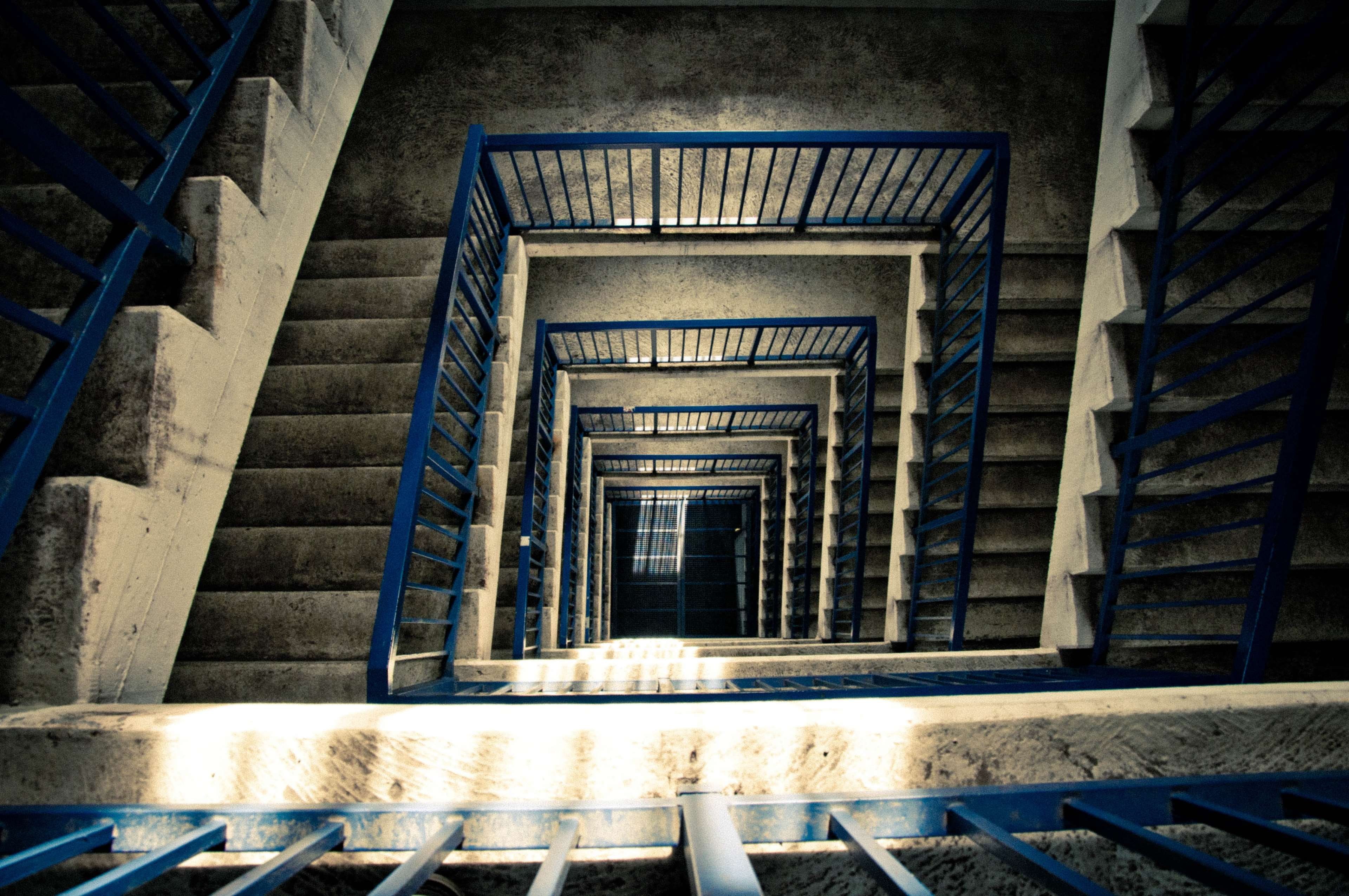 concrete, diminishing perspective, built structure, dark, high angle view, spiral, handrail, no people, absence, stairs, blue, the way forward, steps and staircases, HD Wallpaper