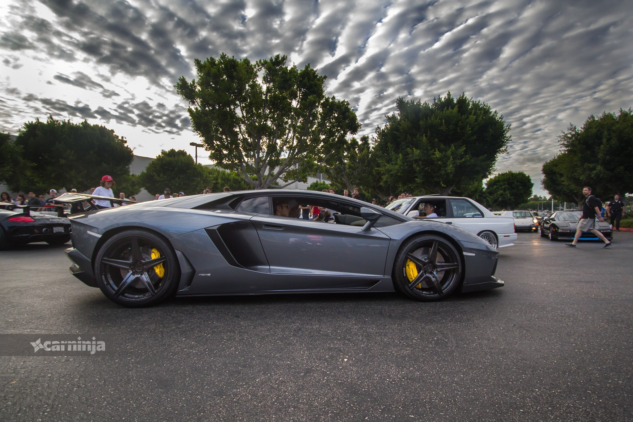 Lamborghini Huracán LP610-4, plant, mode of transportation, street, nature, transportation, text, sign, cloud - sky, communication, city, incidental people, HD Wallpaper
