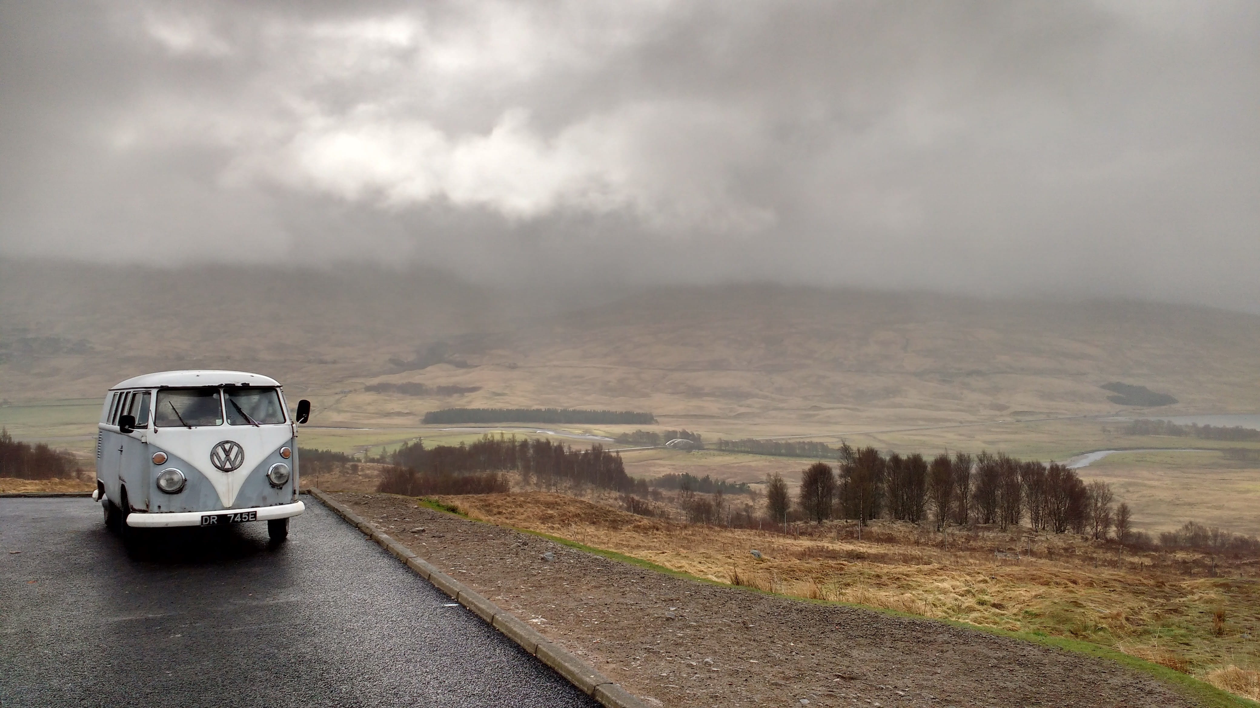 tree, motor vehicle, arid climate, outdoors, blue, land, environment, road, transportation, van, cloud - sky, fog, scenics - nature, 4K, vw, campervan, HD Wallpaper