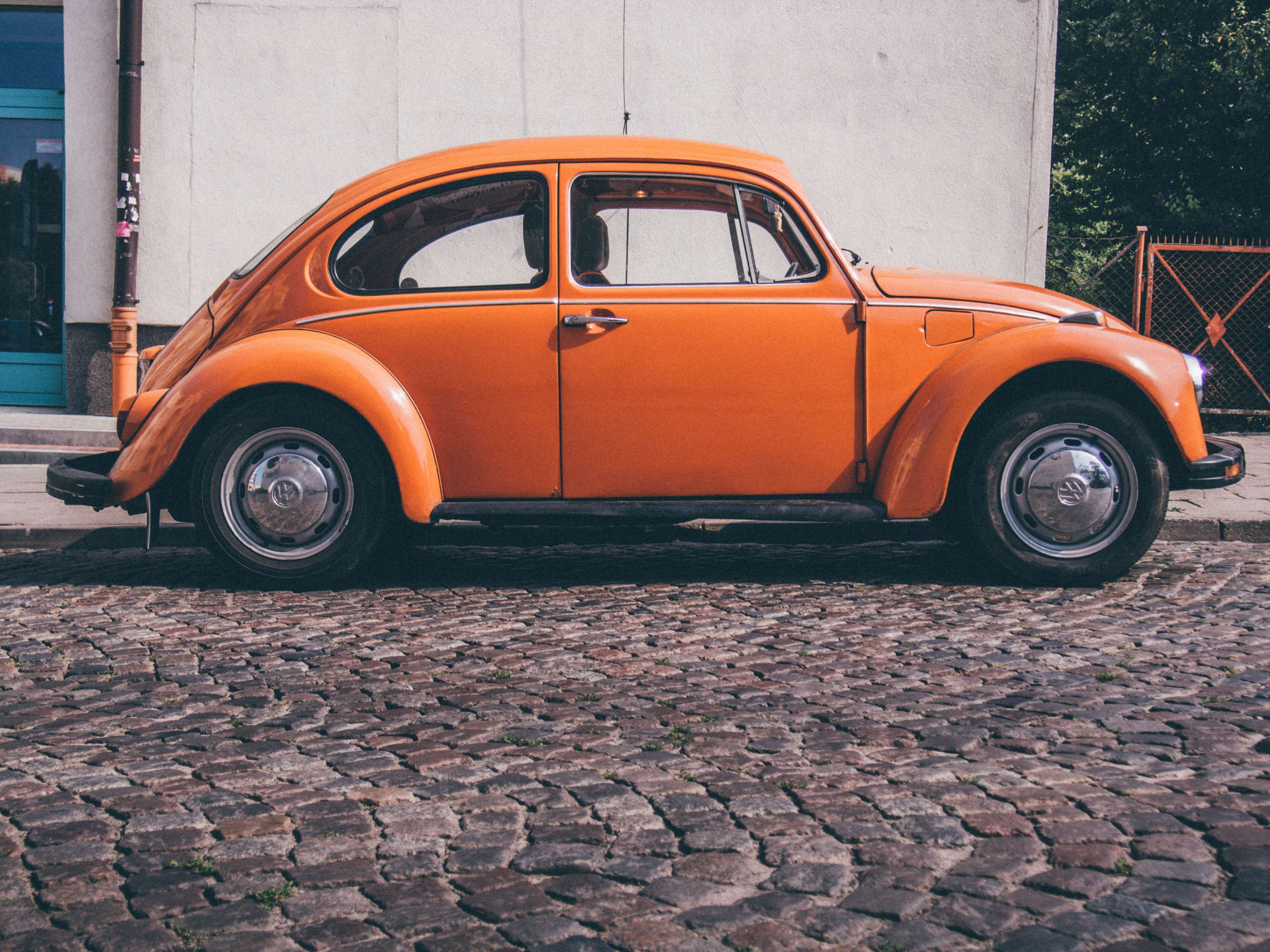 built structure, vw, volkswagen, vintage car, mode of transportation, wheel, land vehicle, motor vehicle, orange color, paving stone, transportation, oldtimer, HD Wallpaper