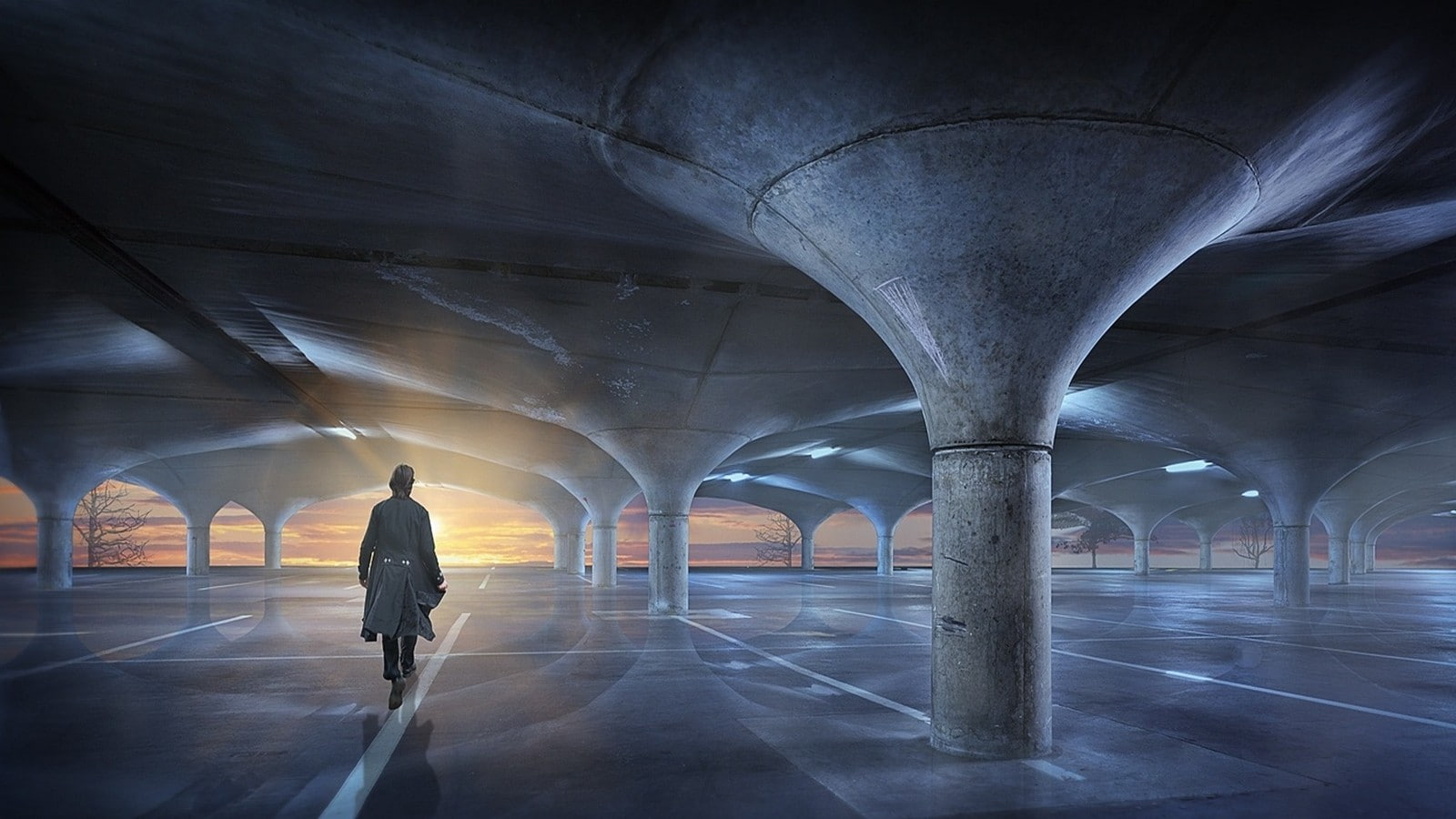 parking, sunset, modern, urban, lot, architecture, 1600x900, 720P, parking lot, empty, HD Wallpaper