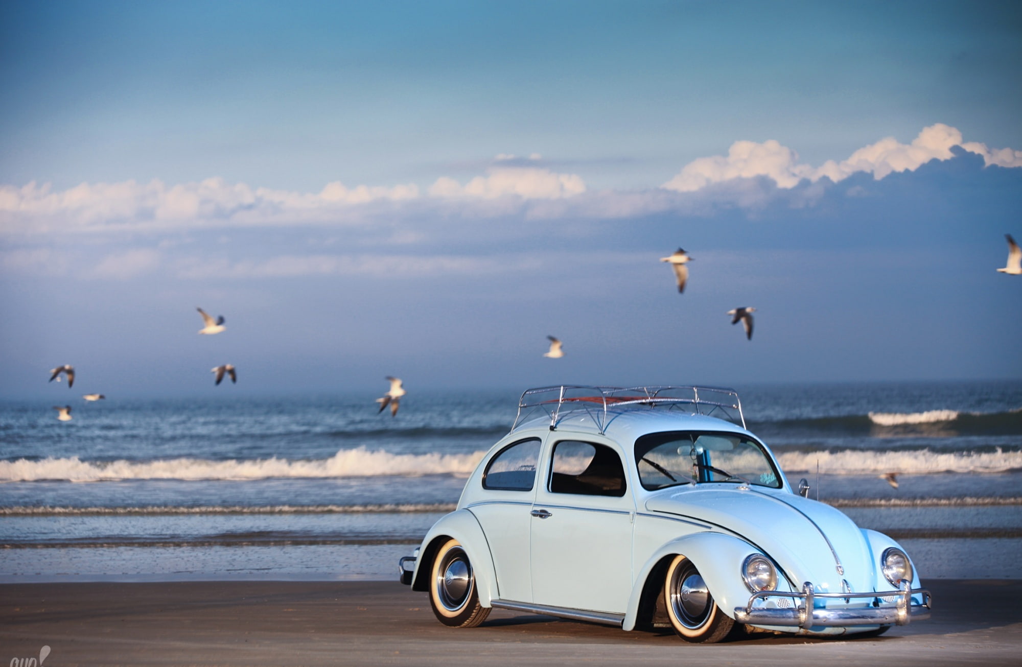 renfrow, nature, Cars, blue, mode of transportation, renfrows bug, motor vehicle, outdoors, animal themes, Beetle, 1080P, horizon, water, sea, horizon over water, HD Wallpaper