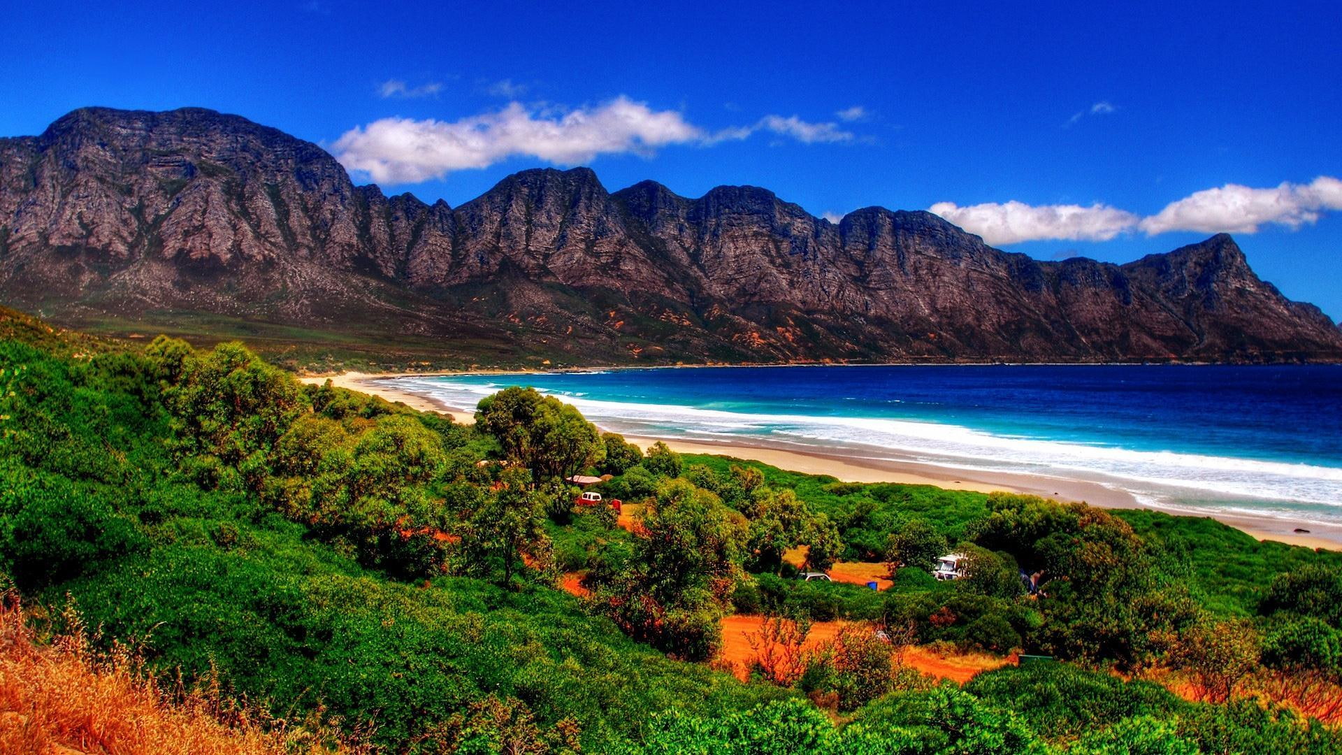 beatiful mountain and sea, 1080P, beach, mountains, 3d and abstract, beautiful, ocean, blue sky, sea, relaxing time, HD Wallpaper