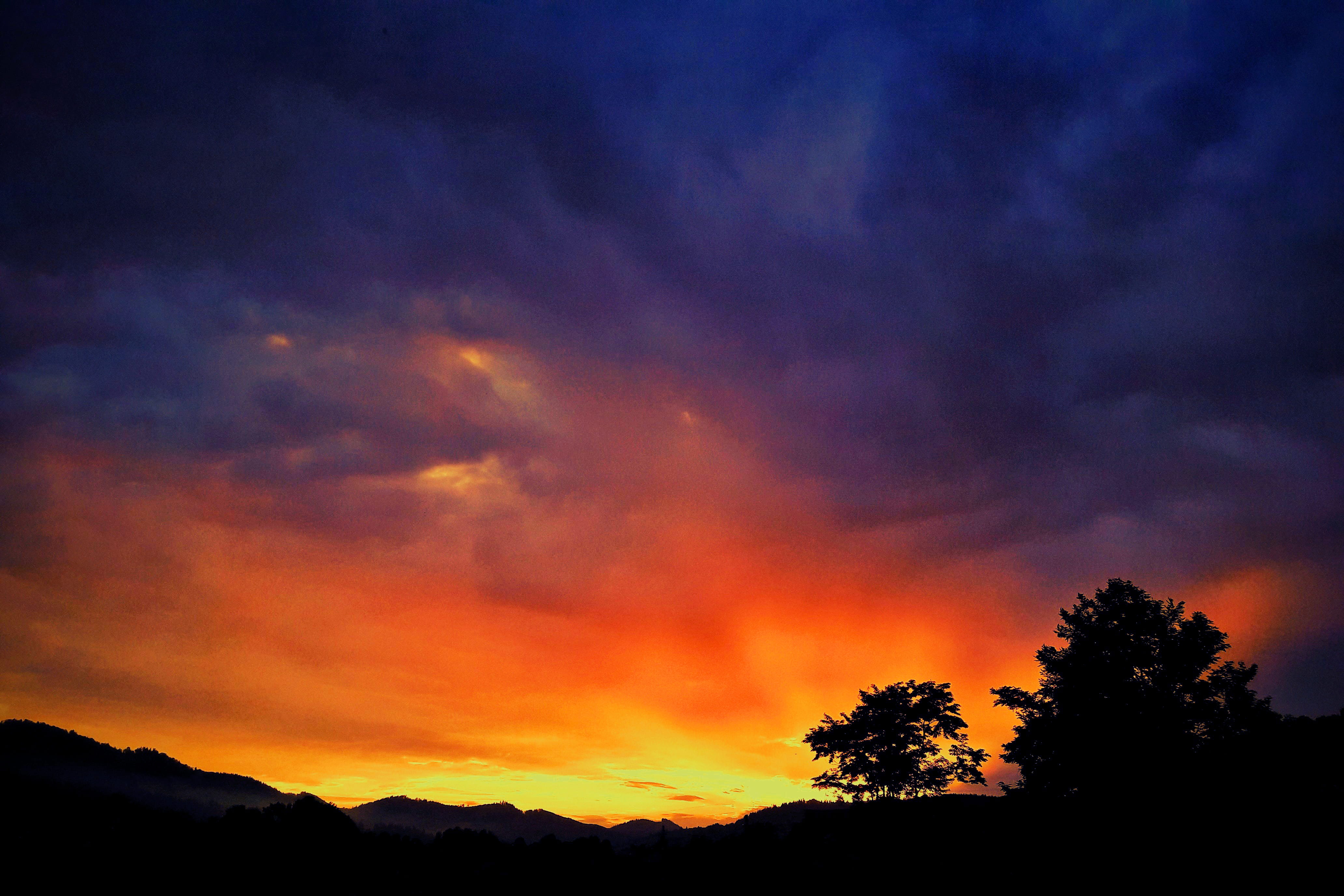 dramatic sky, non-urban scene, mountain, #sky #sunset #colours #shadows #light #orange #blue #landscape #photography #snapseed #smartphonephotography #hues #beatiful #nature #trees #amurg, HD Wallpaper