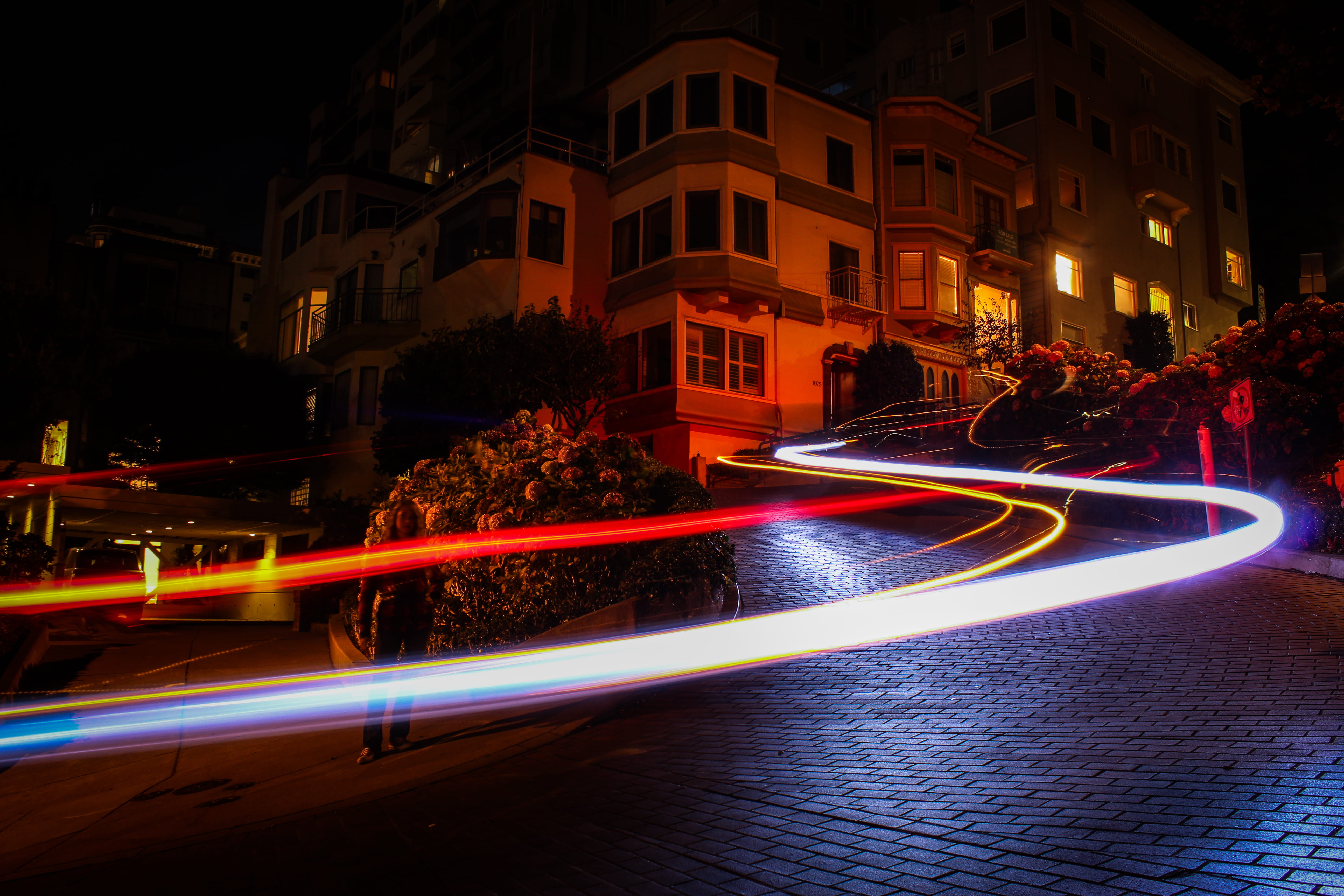 5K, san francisco, glowing, speed, us, path, outdoors, no people, person, asphalt, urban, road, building exterior, lombard, illuminated, city, flare, street, HD Wallpaper