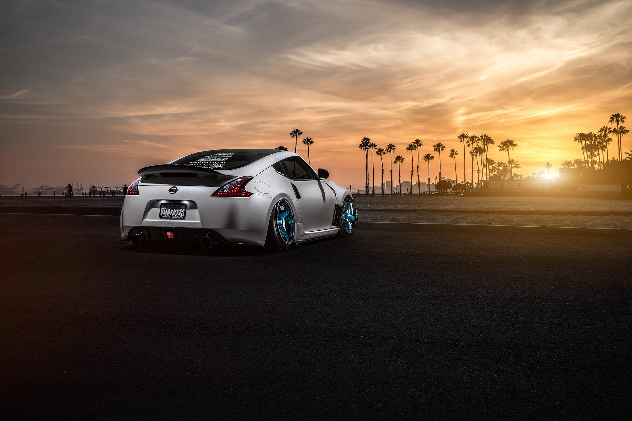 no people, cloud - sky, sunset, car, black, road, orange color, architecture, land vehicle, sky, Nissan, transportation, 1080P, sunlight, nature, mode of transportation, HD Wallpaper