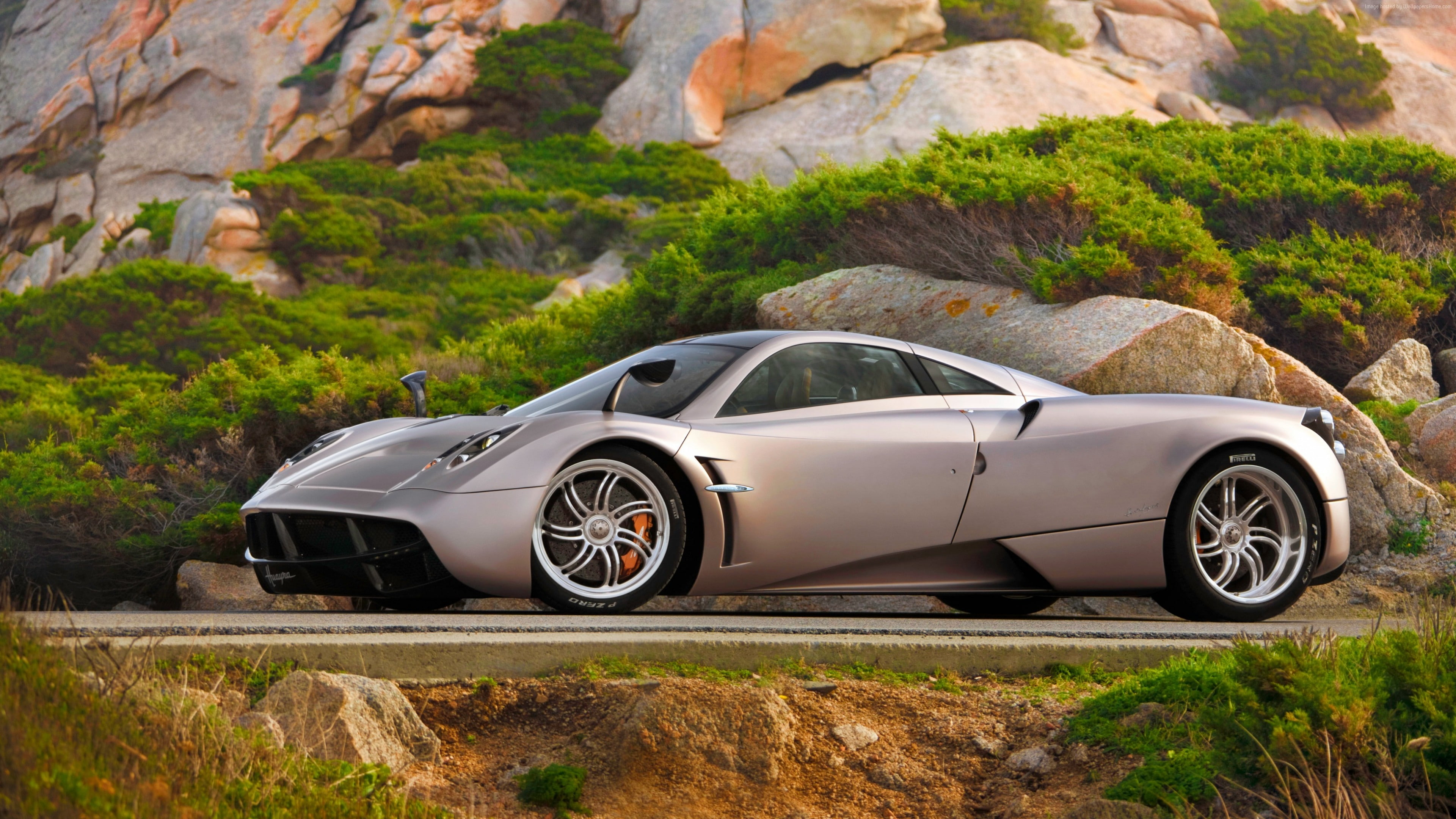 luxury cars, tree, Pagani Huayra, side, mountain, solid, luxury, metal, land, test drive, car, transportation, no people, doors, Pagani, supercar, 4K, HD Wallpaper