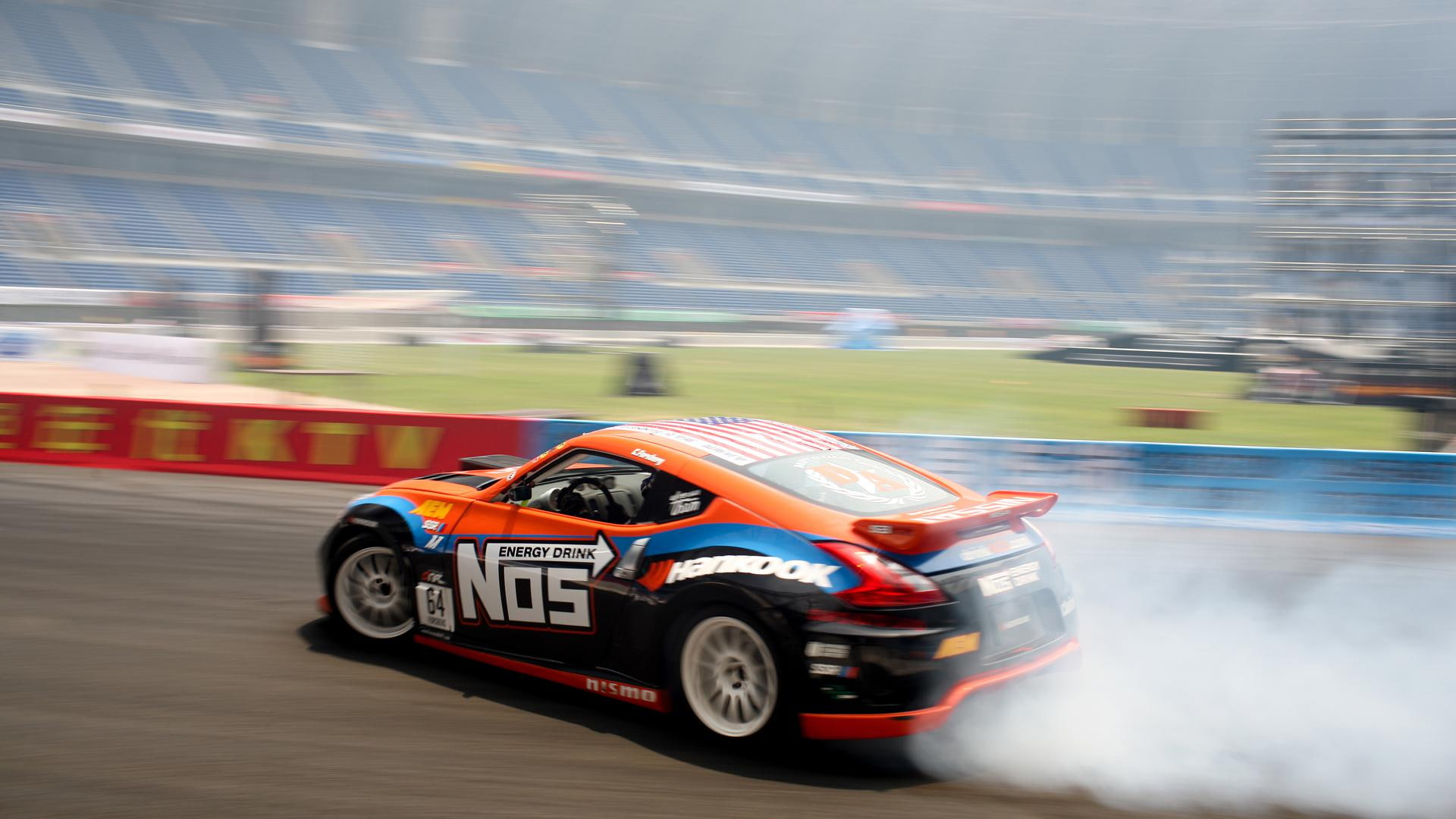 nos, 370z, nissan, drifting, z, 1080P, black, nismo, teal, racecar, red, orange, decal, cars, HD Wallpaper