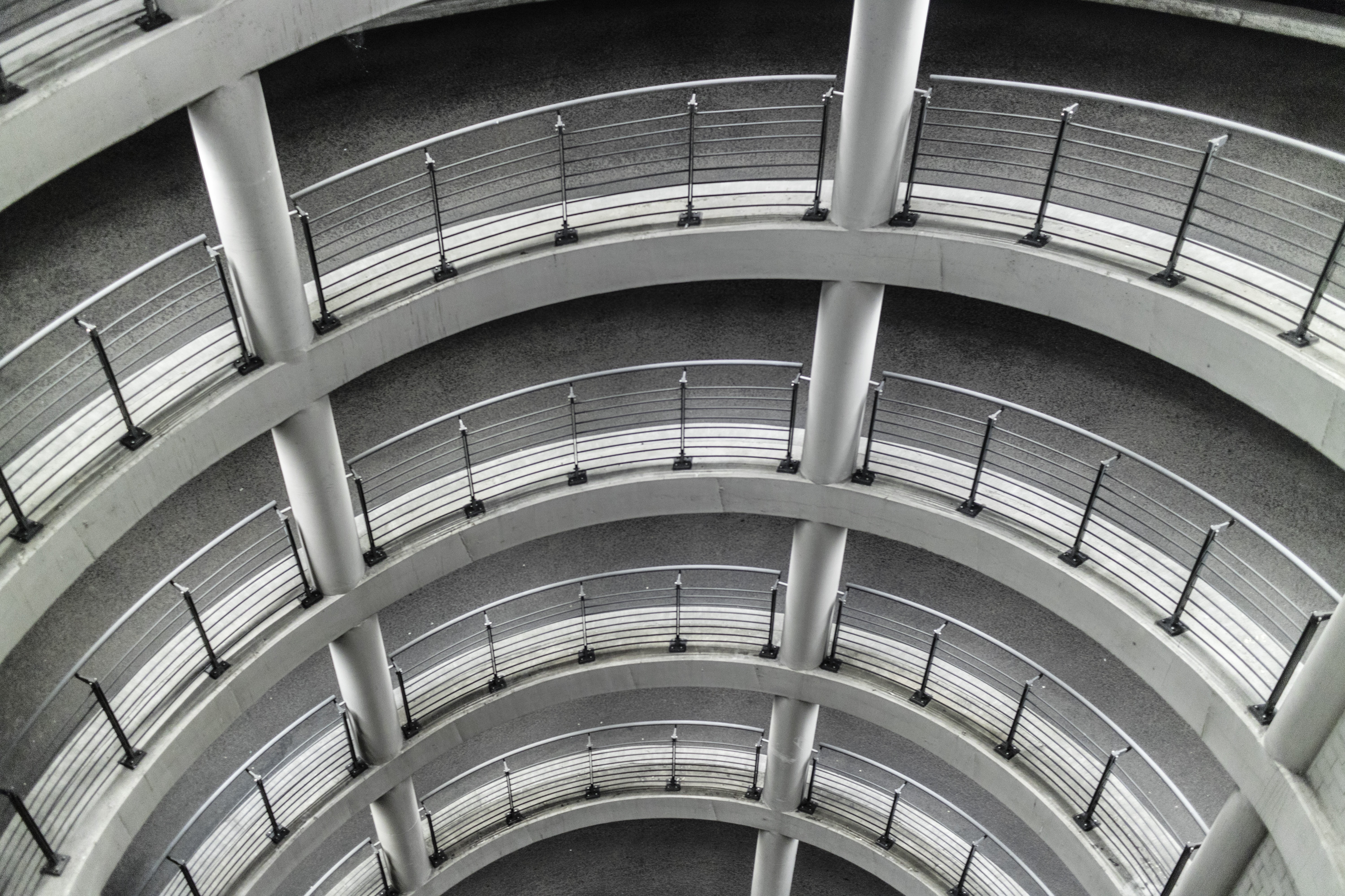 architecture, railing, grey, pattern, spiral staircase, day, indoors, modern, concentric, repetition, architectural feature, multi storey car park, building, HD Wallpaper