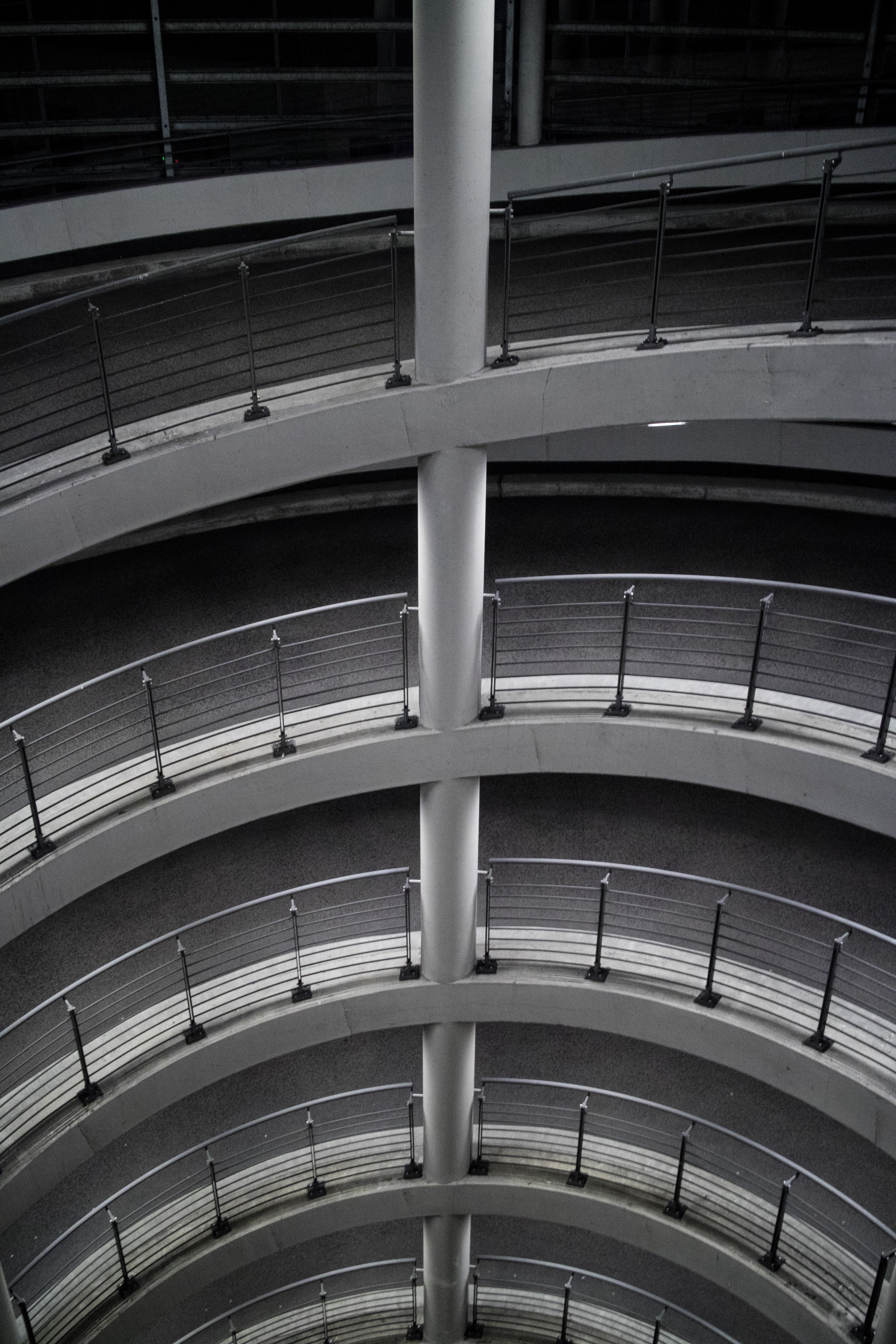 parking garage, city, spiral, moving down, architectural feature, 5K, pattern, staircase, optical deception, architecture, curve, built structure, steps and staircases, Phone HD Wallpaper