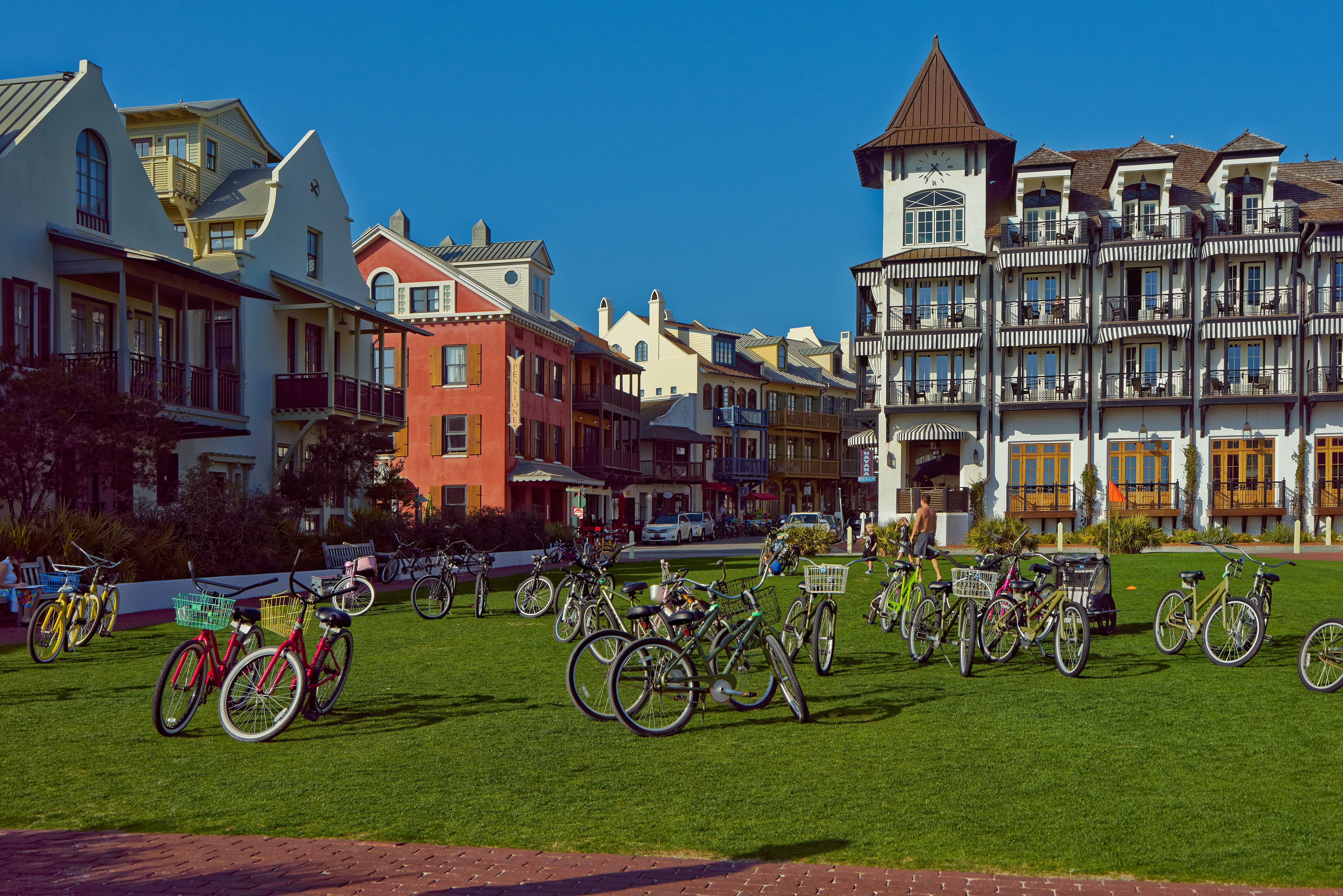 lawn, nature, built structure, green color, road, day, exterior, multi-storey buildings, bicycle, buildings, field, bicycle parking, grass, outdoors, building, HD Wallpaper