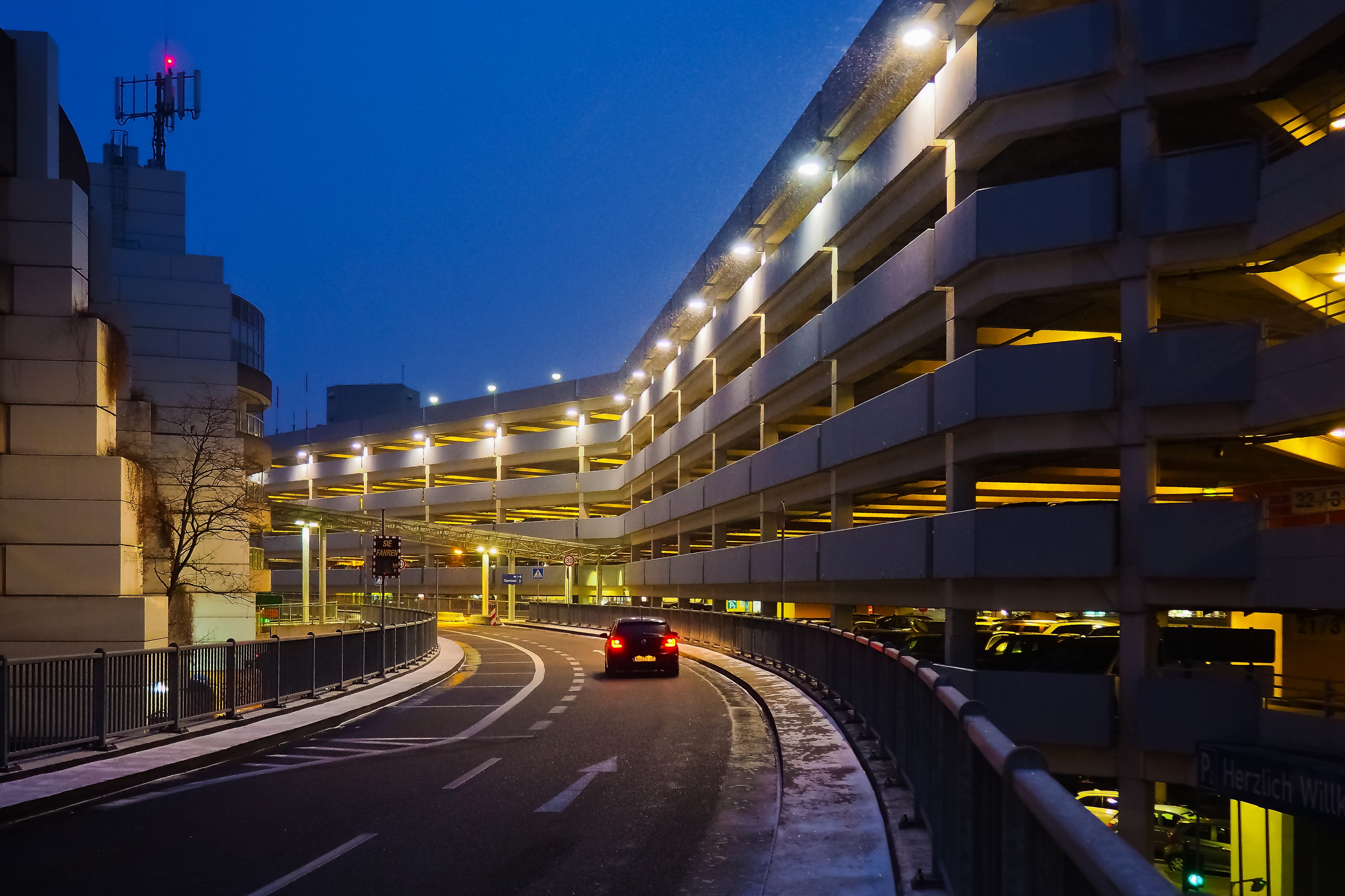 no people, architecture, building, tourism, light, building exterior, airport, street, illuminated, düsseldorf, vehicle, land vehicle, multi storey car park, HD Wallpaper