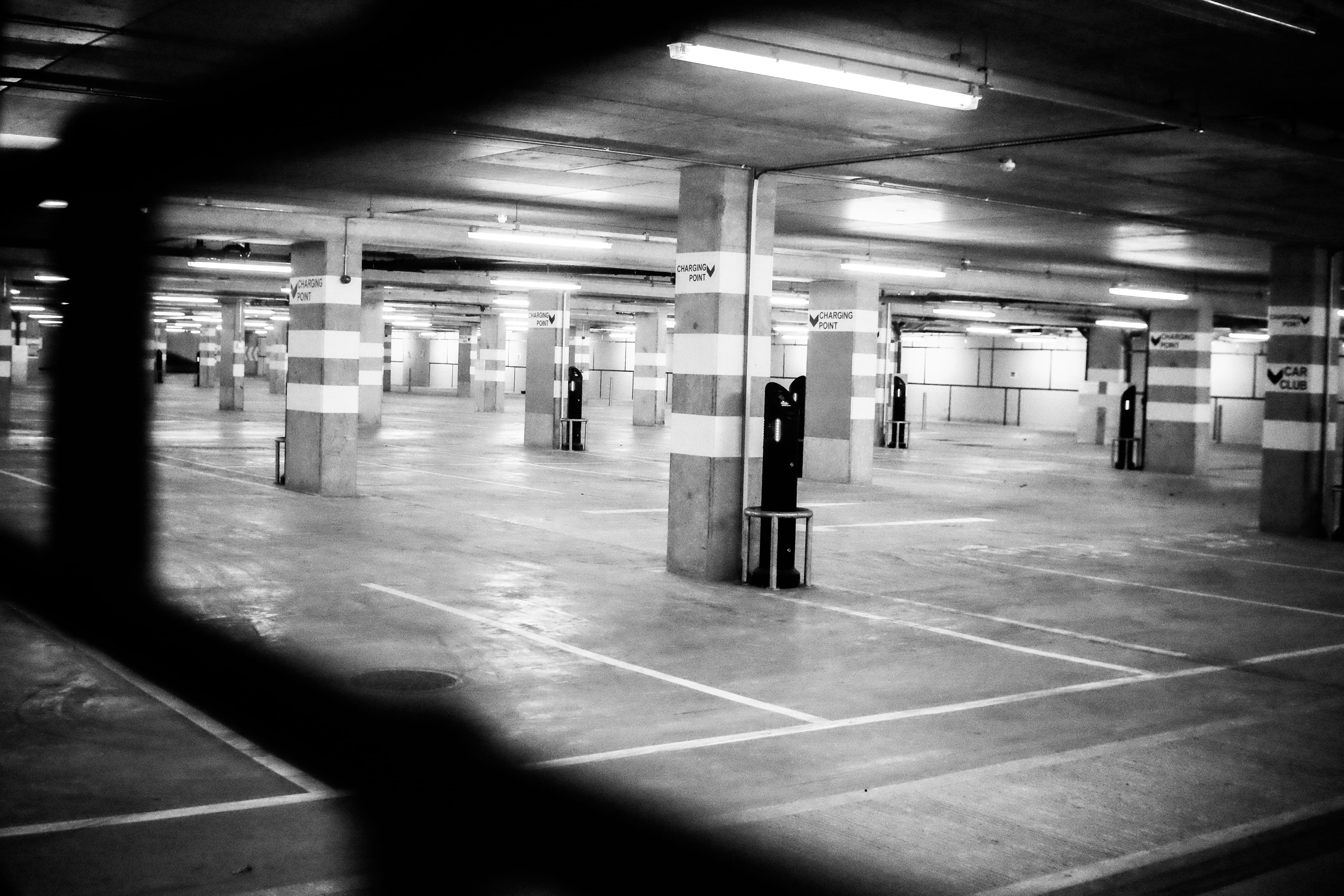 parking lot, sign, east london, in a row, parking, london, flooring, concrete, charging point, tile, underground, tiled floor, east, 4K, canning town, HD Wallpaper