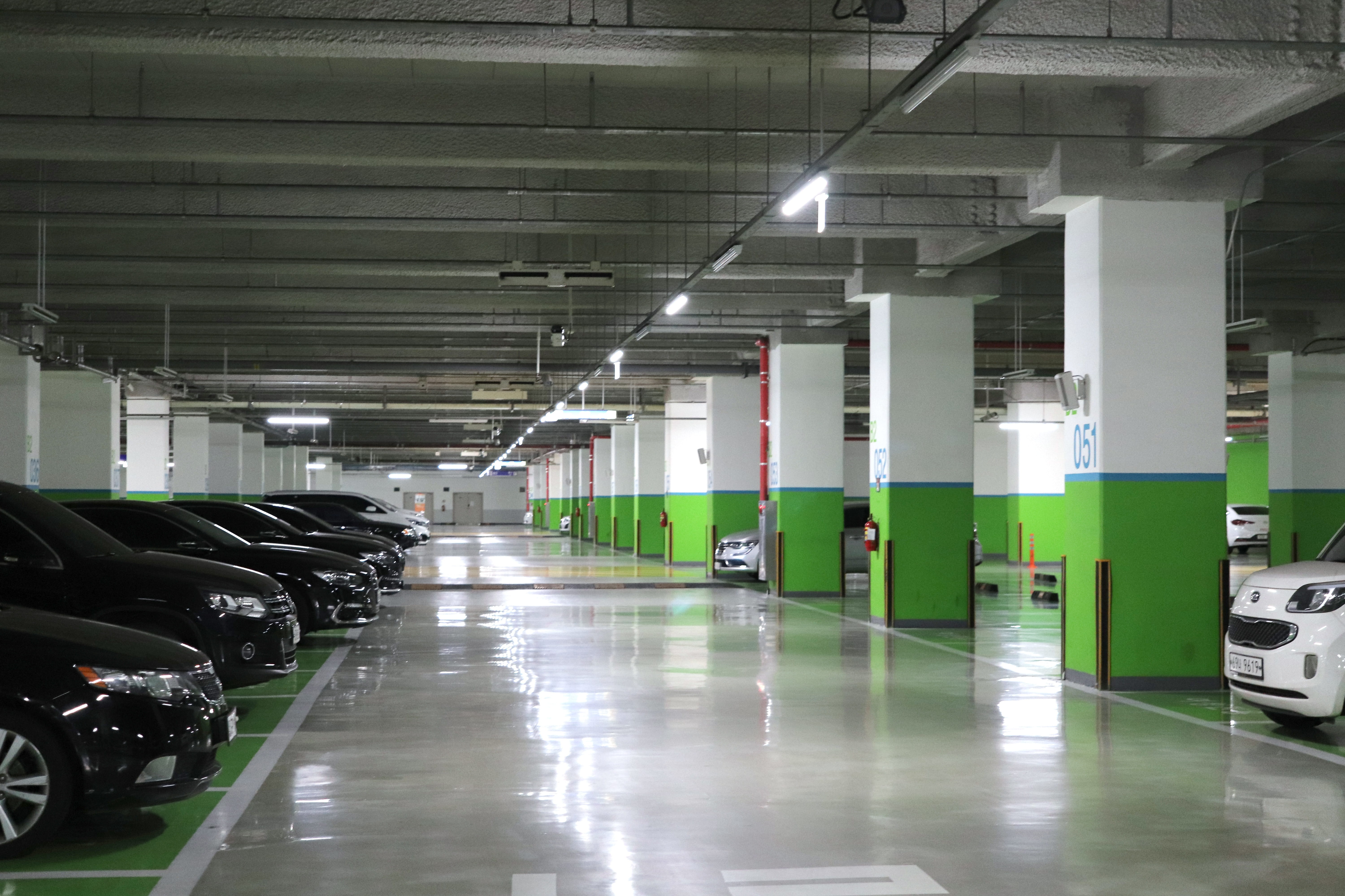 absence, indoors, mode of transportation, building, in a row, parking lot, land vehicle, illuminated, architectural column, car, this special steel company, HD Wallpaper