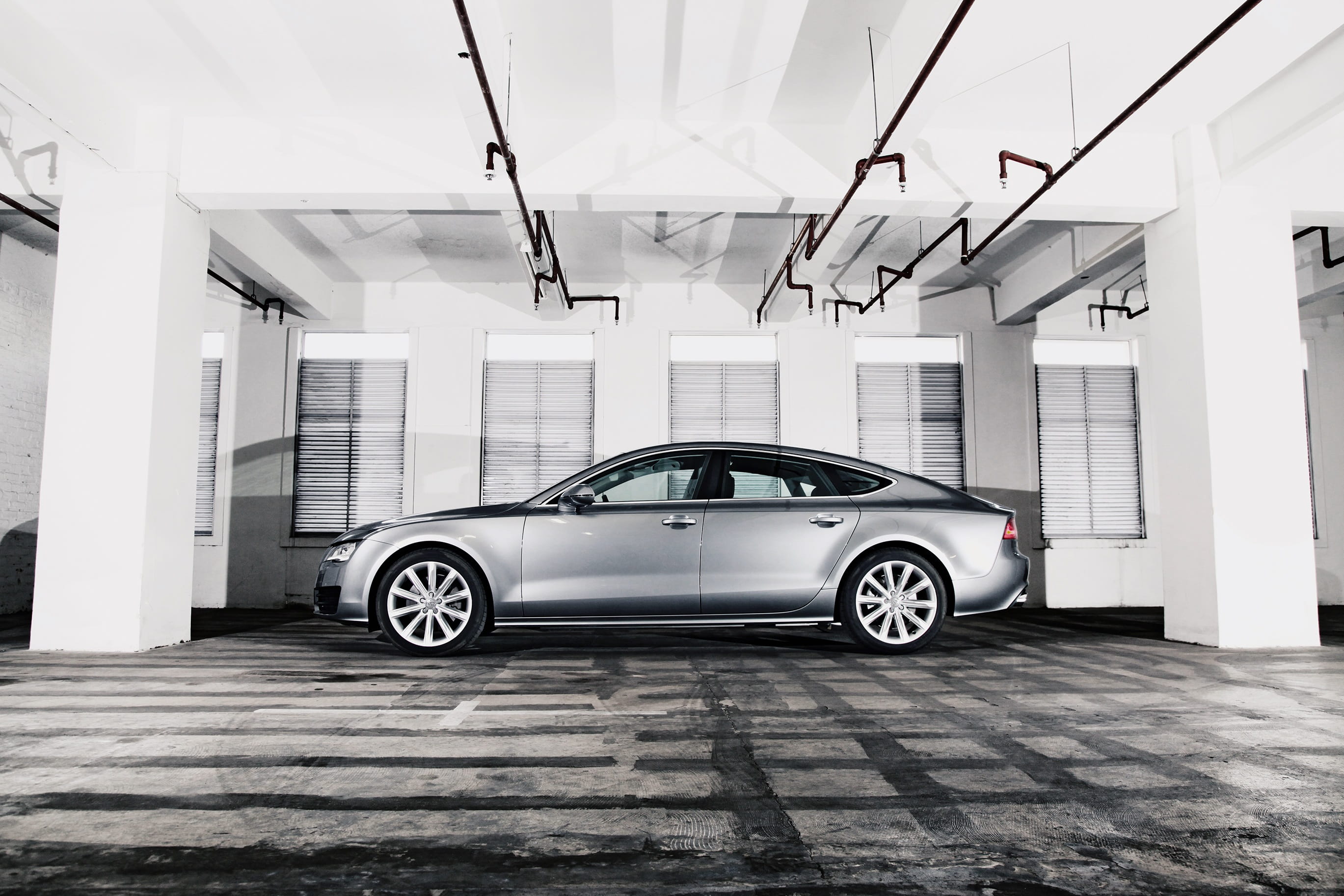stationary, no people, luxury, indoors, day, A7, audi, parking lot, white color, Underground, performance, automobile industry, Car, ceiling, sports car, HD Wallpaper