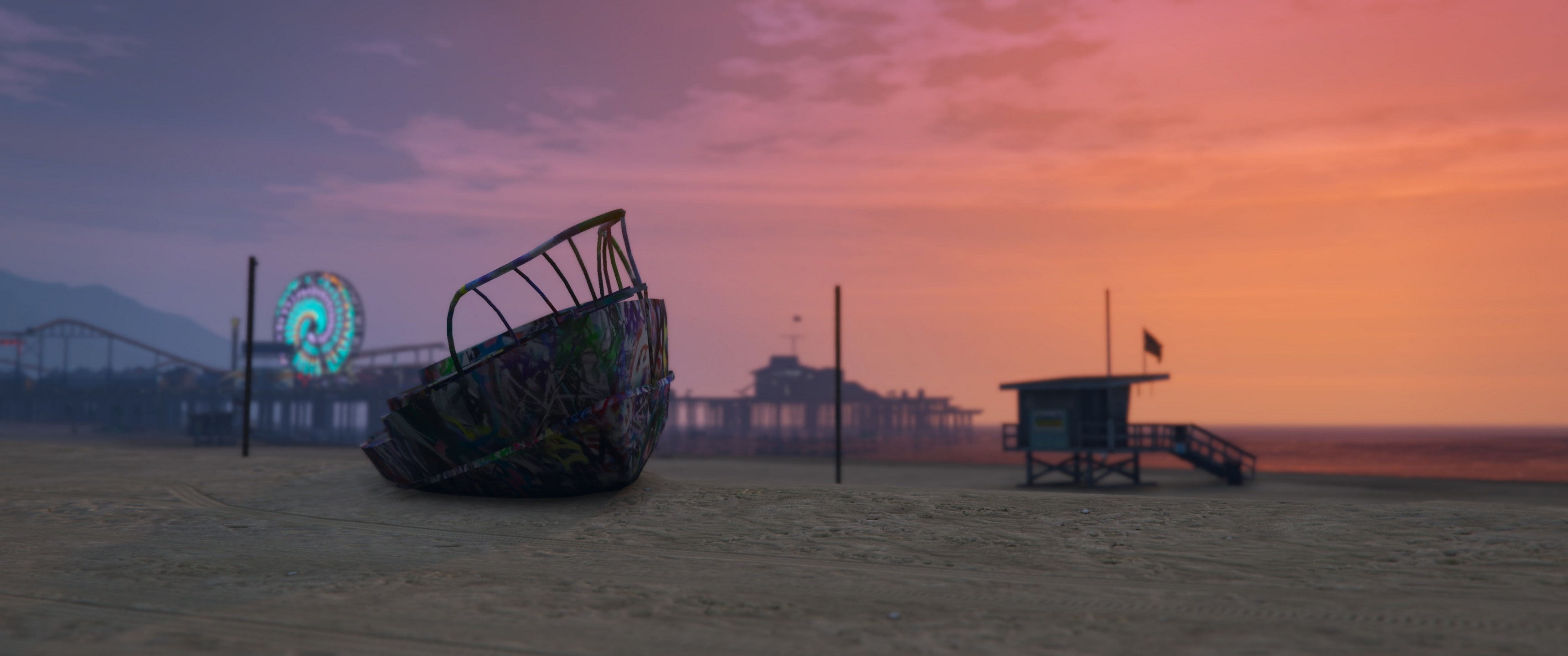 architecture, sky, sunset, 2K, grand theft auto v video games, land, sea, beach, no people, surface level, nature, amusement park ride, water, beauty in nature, HD Wallpaper