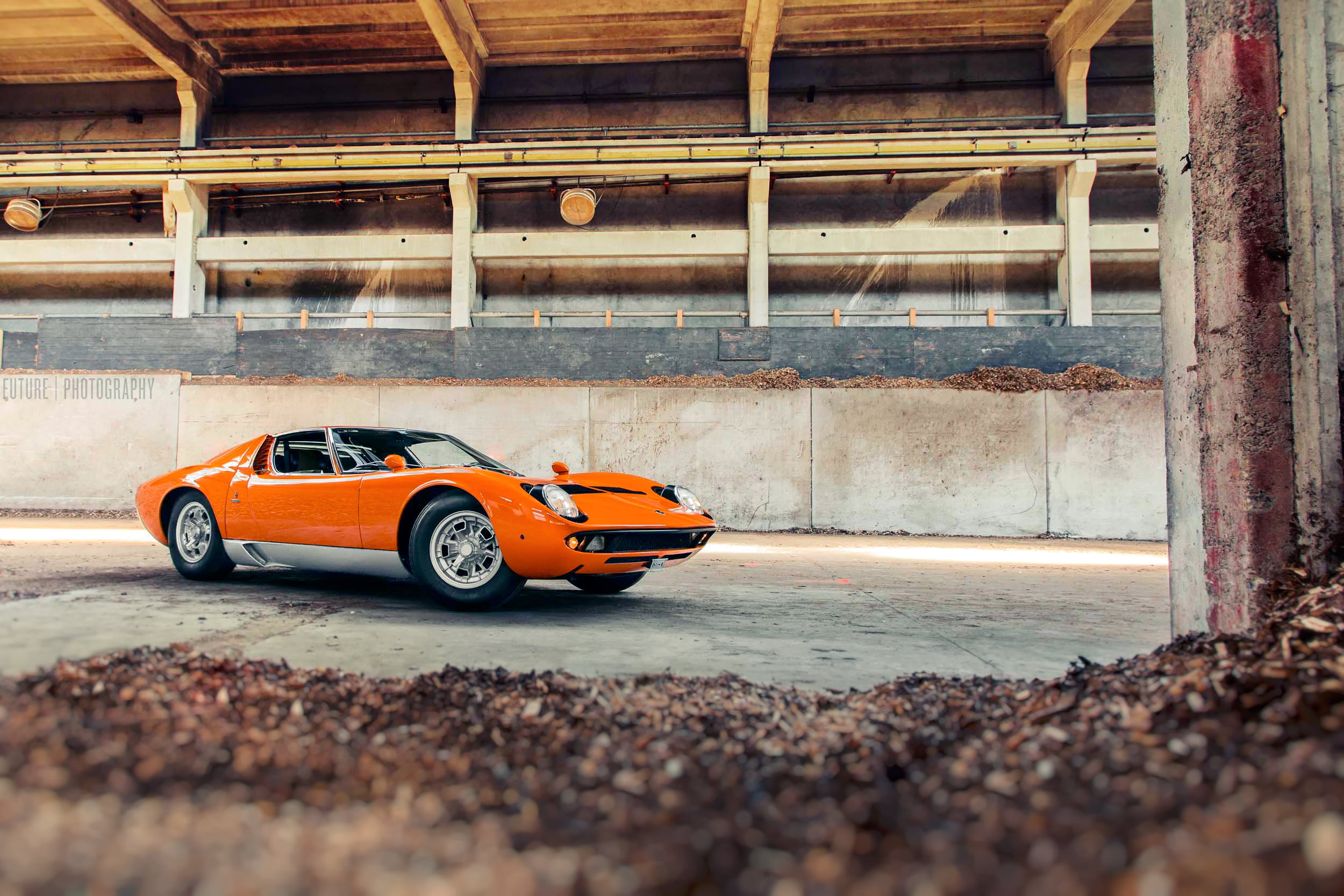 surface level, building, garage, transportation, sports Car, red, built structure, lamborghini, driving, wheel, parking Lot, miura s, cars, car, retro styled, HD Wallpaper