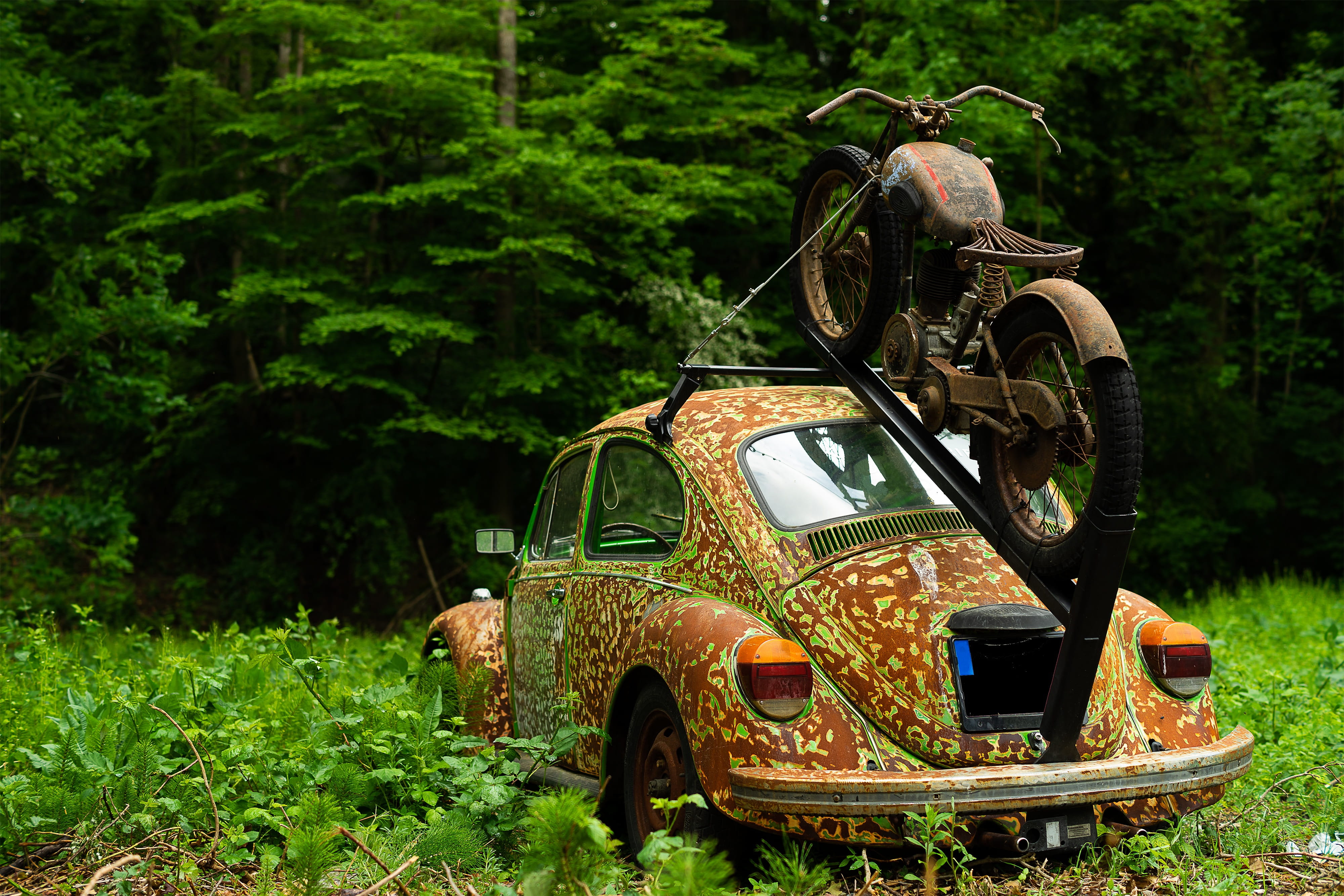 oldtimer, day, vw, metal, land vehicle, mechanics, transience, patina, metallic, green color, technology, mode of transportation, old cars, motorcycle, HD Wallpaper