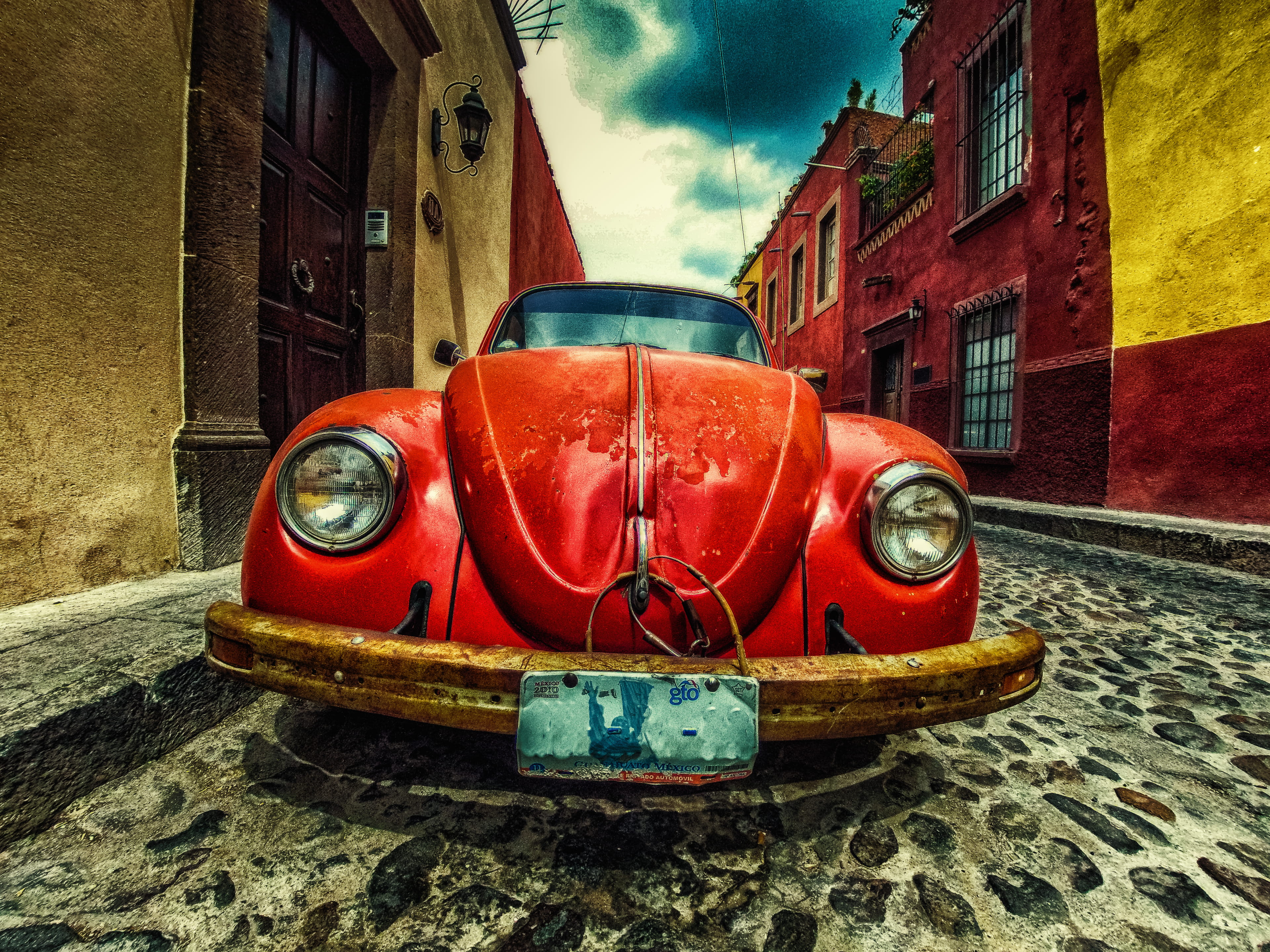 4K, volkswagen, city, old, built structure, retro styled, red, day, street, san miguel de allende, building, gopro, mexico, motor vehicle, cobblestone, HD Wallpaper
