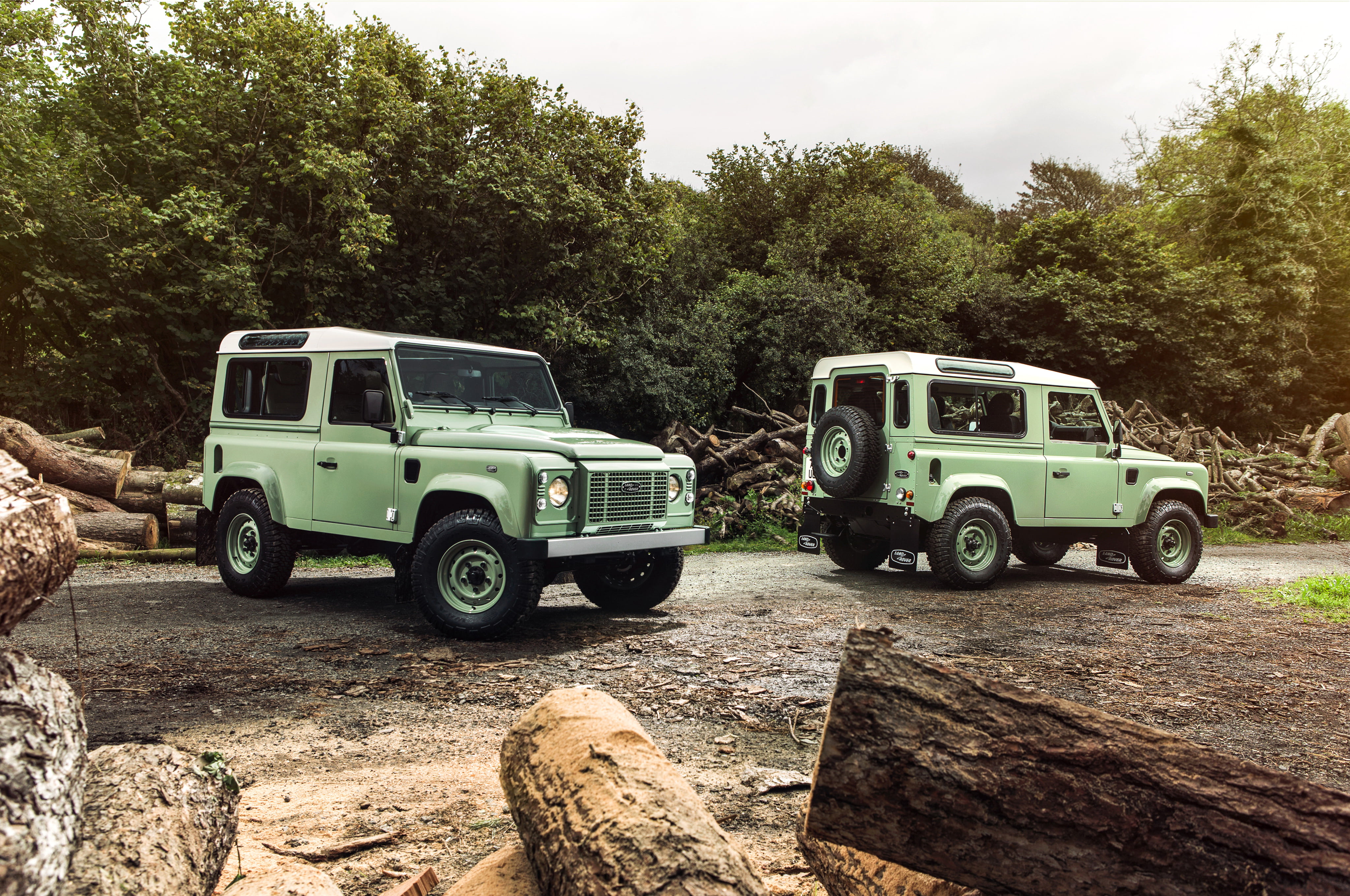 Range Rover, truck, day, tree, Defender 90 Heritage, mode of transportation, motor vehicle, green color, sky, 4K, road, Land Rover, travel, land, photo, HD Wallpaper