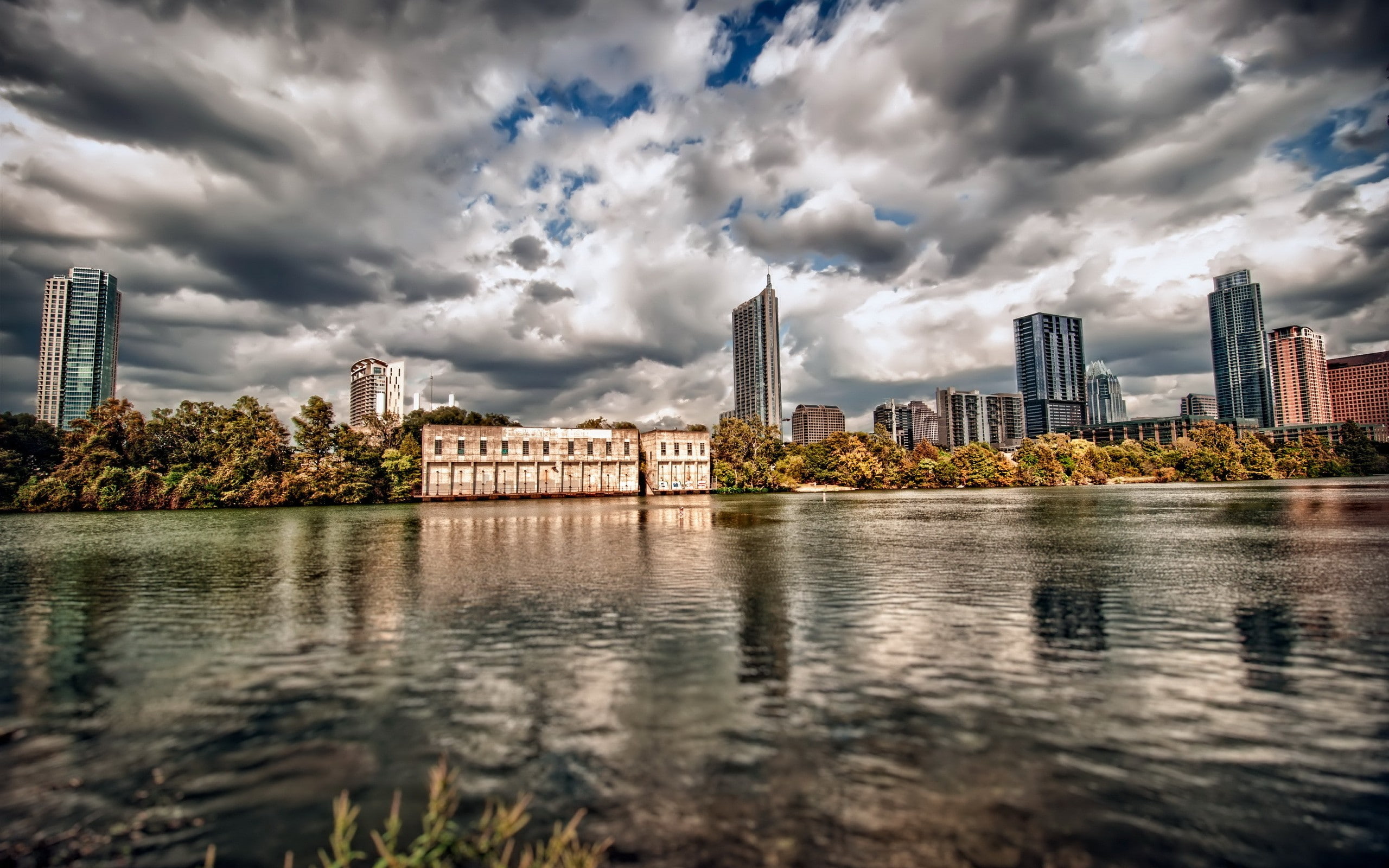 HDR, city, building, water, 2K, cityscape, clouds, sky, Austin (Texas), HD Wallpaper