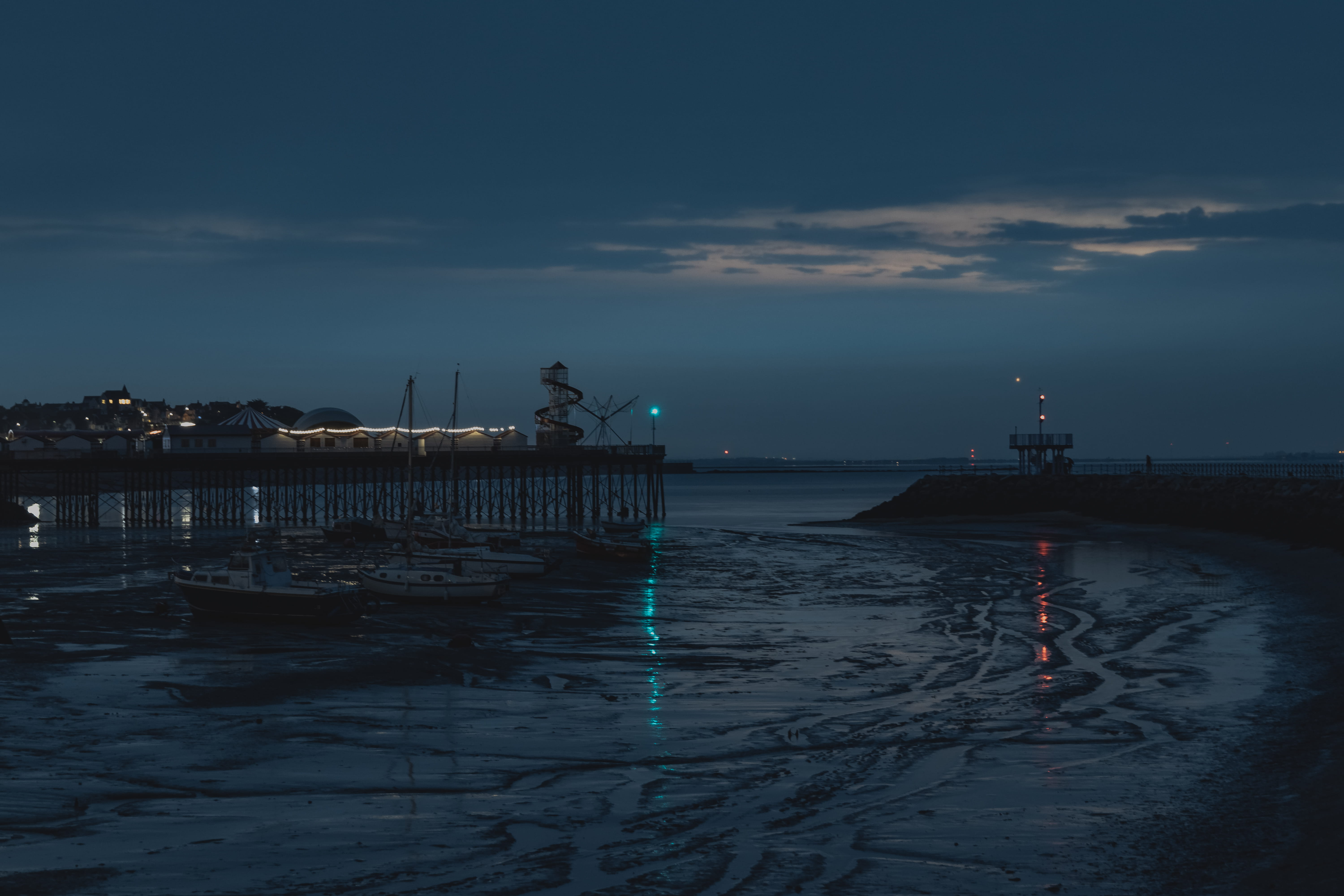 blue, lighthouse, nighttime, ocean, vacations, green, photography, sunset, travel, scenics, seascape, boats, coastline, dock, pier, nervum, dusk, HD Wallpaper