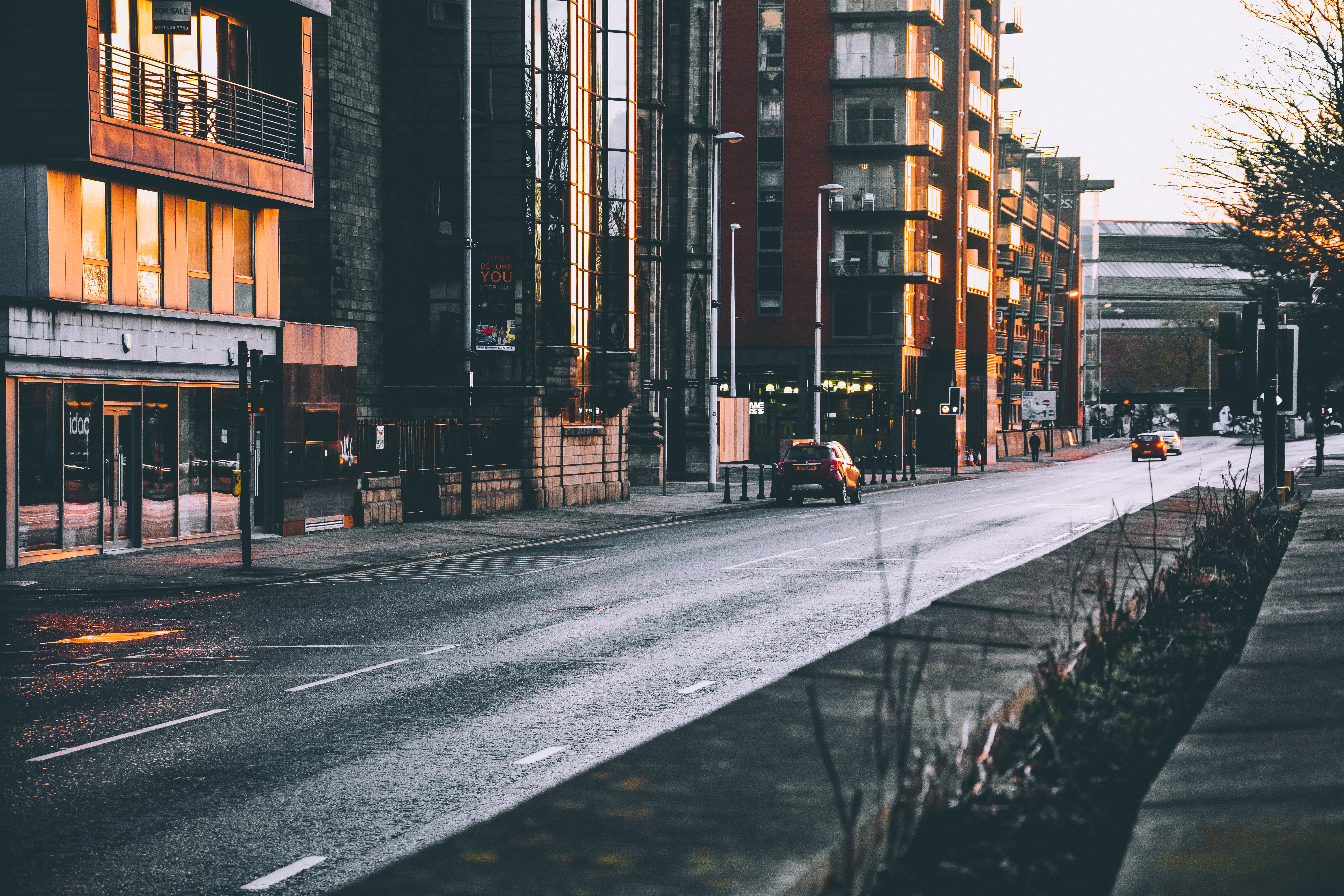direction, vehicles, urban, downtown, road marking, building exterior, built structure, sidewalk, near, footpath, office building exterior, photography, HD Wallpaper