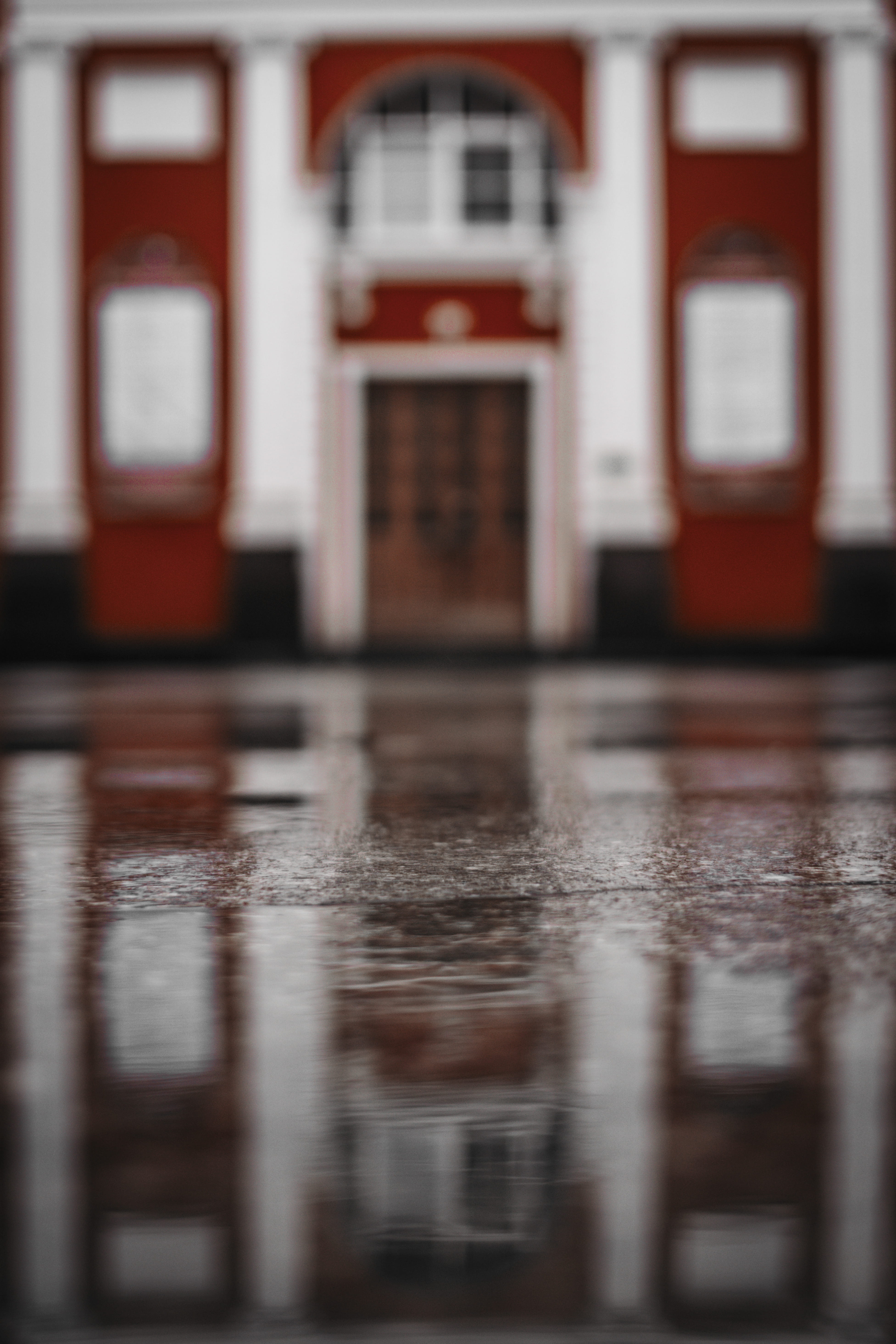 red, reflection, after the rain, communication, sidewalk, street, building, puddle, entrance, text, exterior, building exterior, 5K, city, window, outdoors, Phone HD Wallpaper