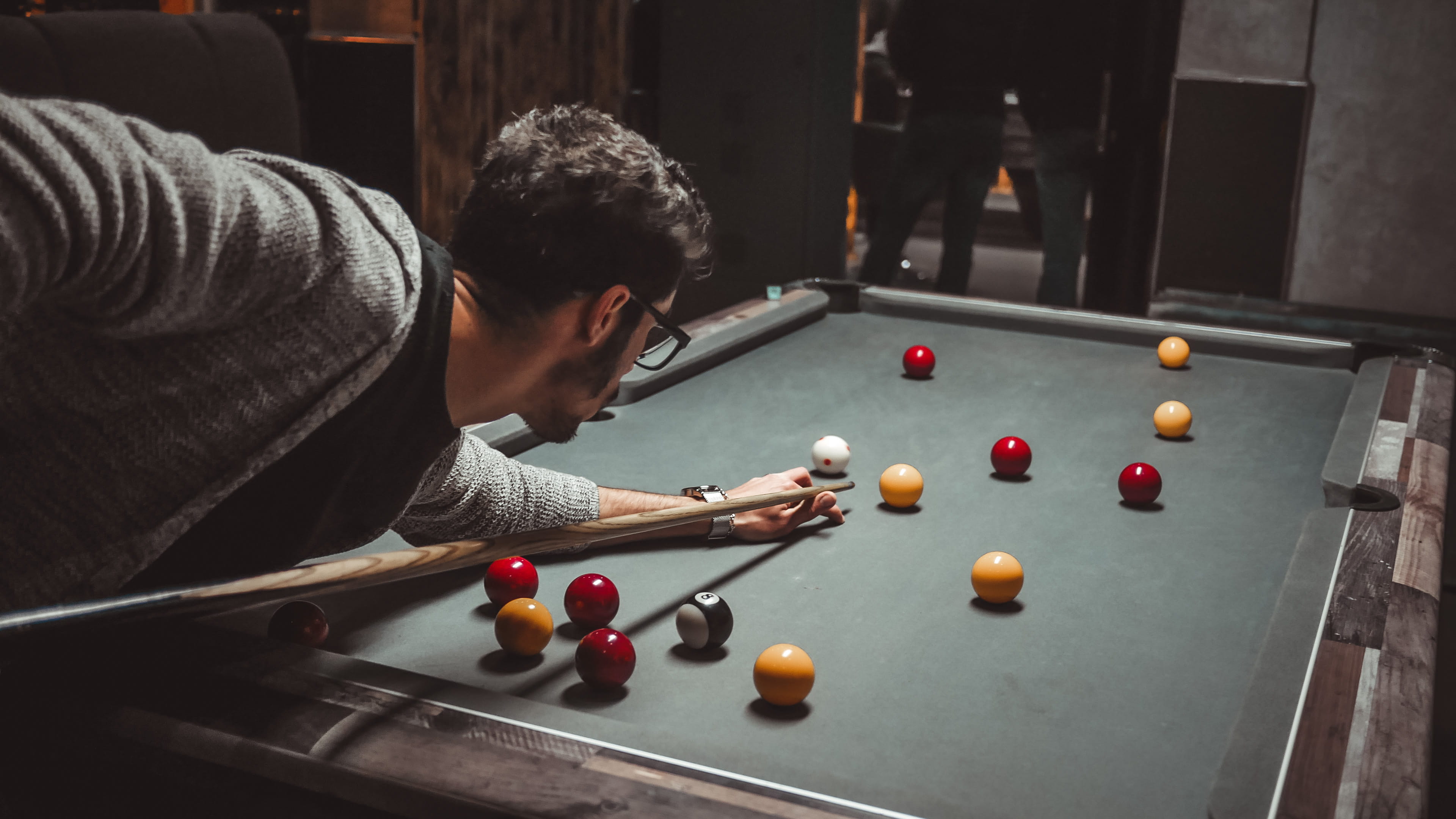 leisure activity, bending, game, hair, billiard room, human, cardigan, real people, ball, lifestyles, grey, holding, pool table, playing, furniture, indoors, HD Wallpaper
