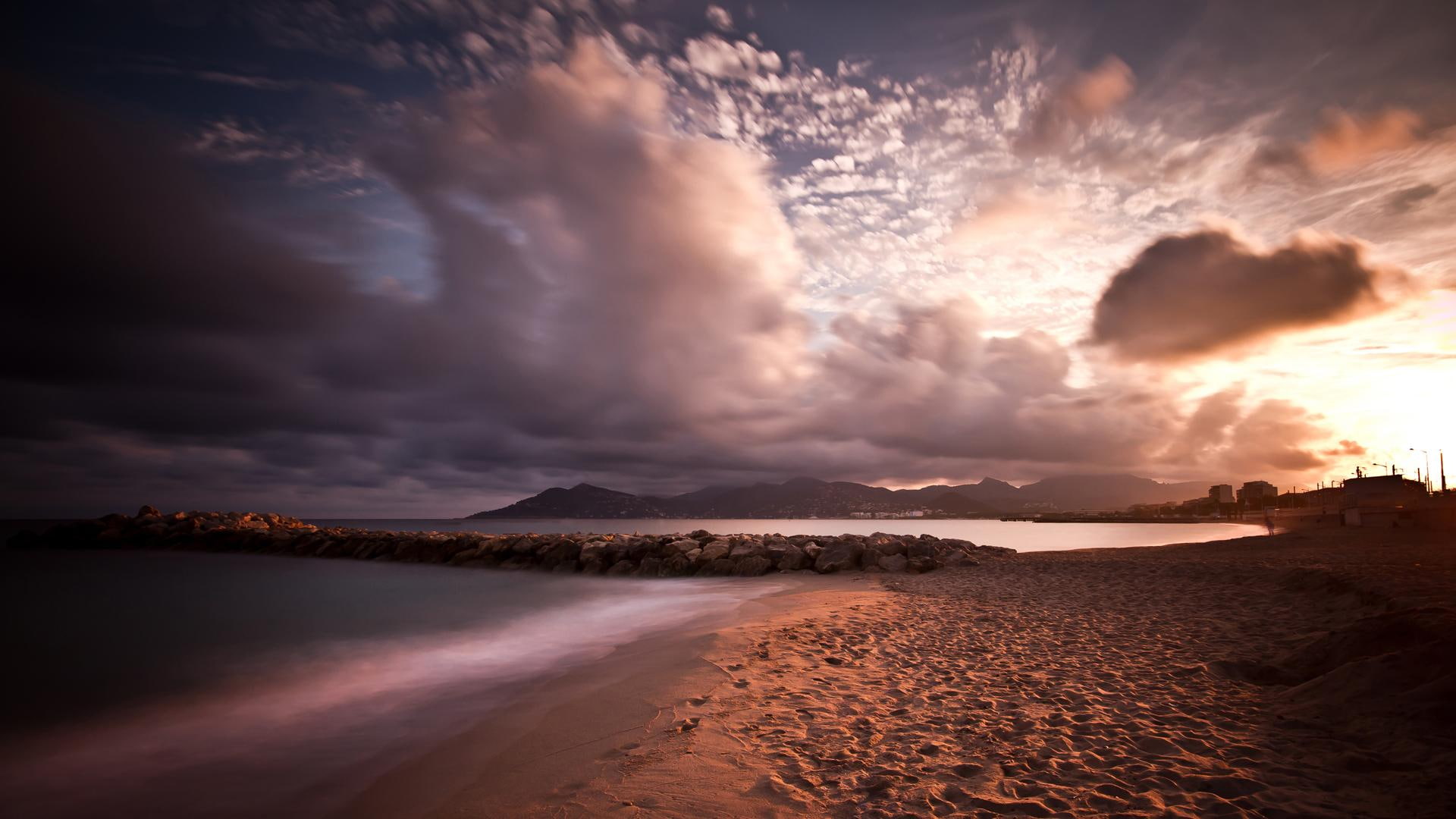 mountains, sunset, 1080P, france, beach, harbour, lights, sand, city, cannes, nature, shore, nigh, HD Wallpaper