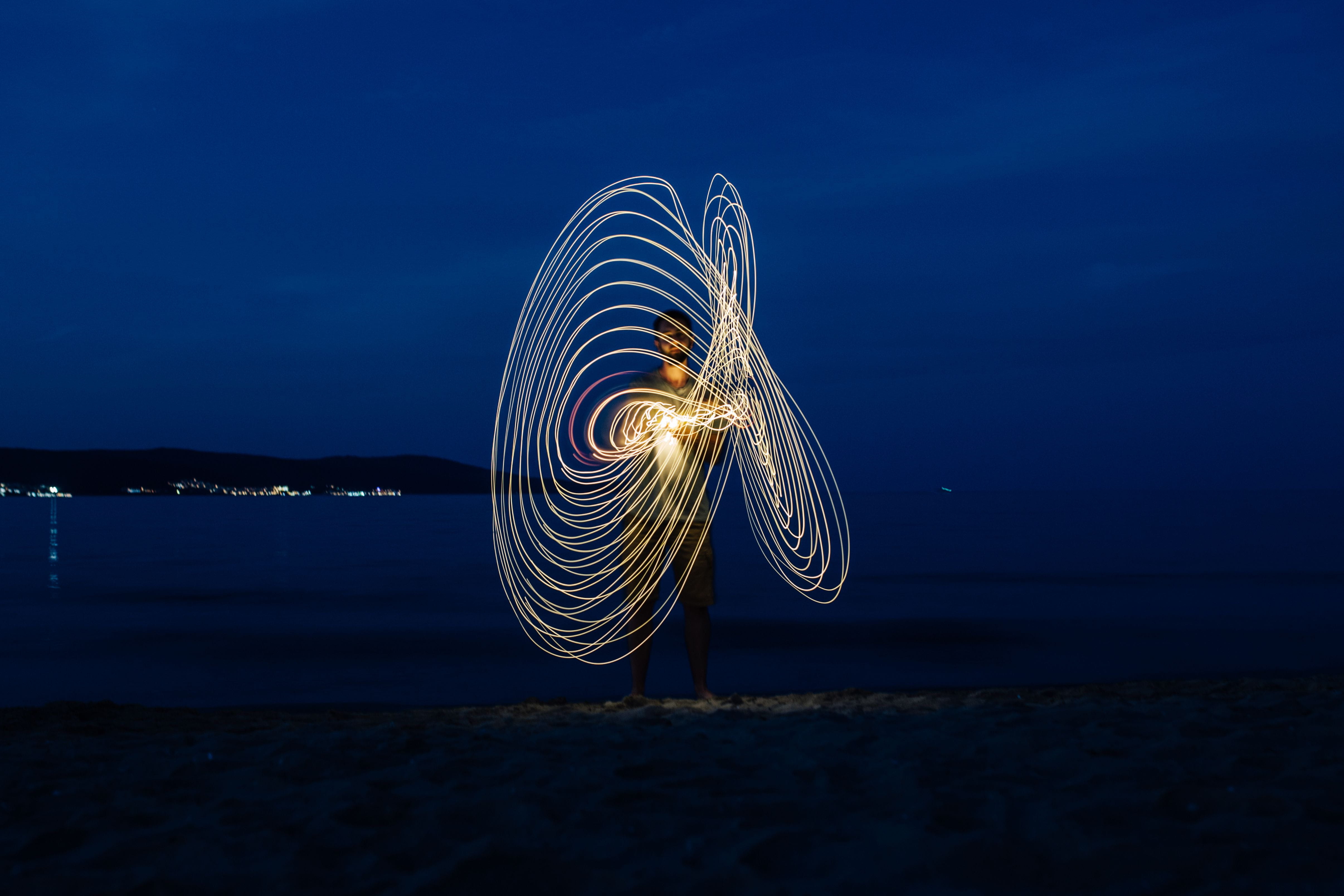 sky, 4K, sea, blue, sea life, motion, night, long exposure, sand, light, outdoors, on the beach, animal, blurred motion, Light painting, water, light trail, HD Wallpaper