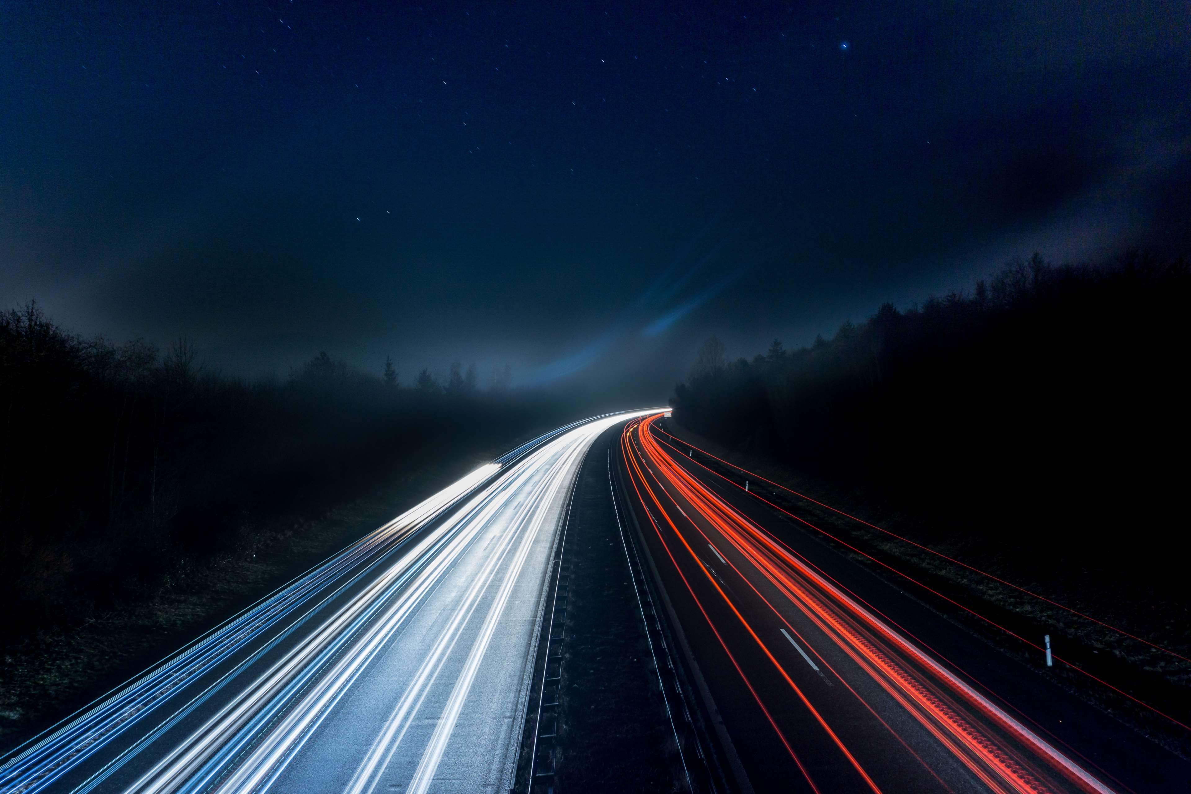 evening, way, light streaks, back light, fast, expressway, asphalt, tail light, dusk, blurred motion, cars, the way forward, evening sky, 4K, transportation, HD Wallpaper