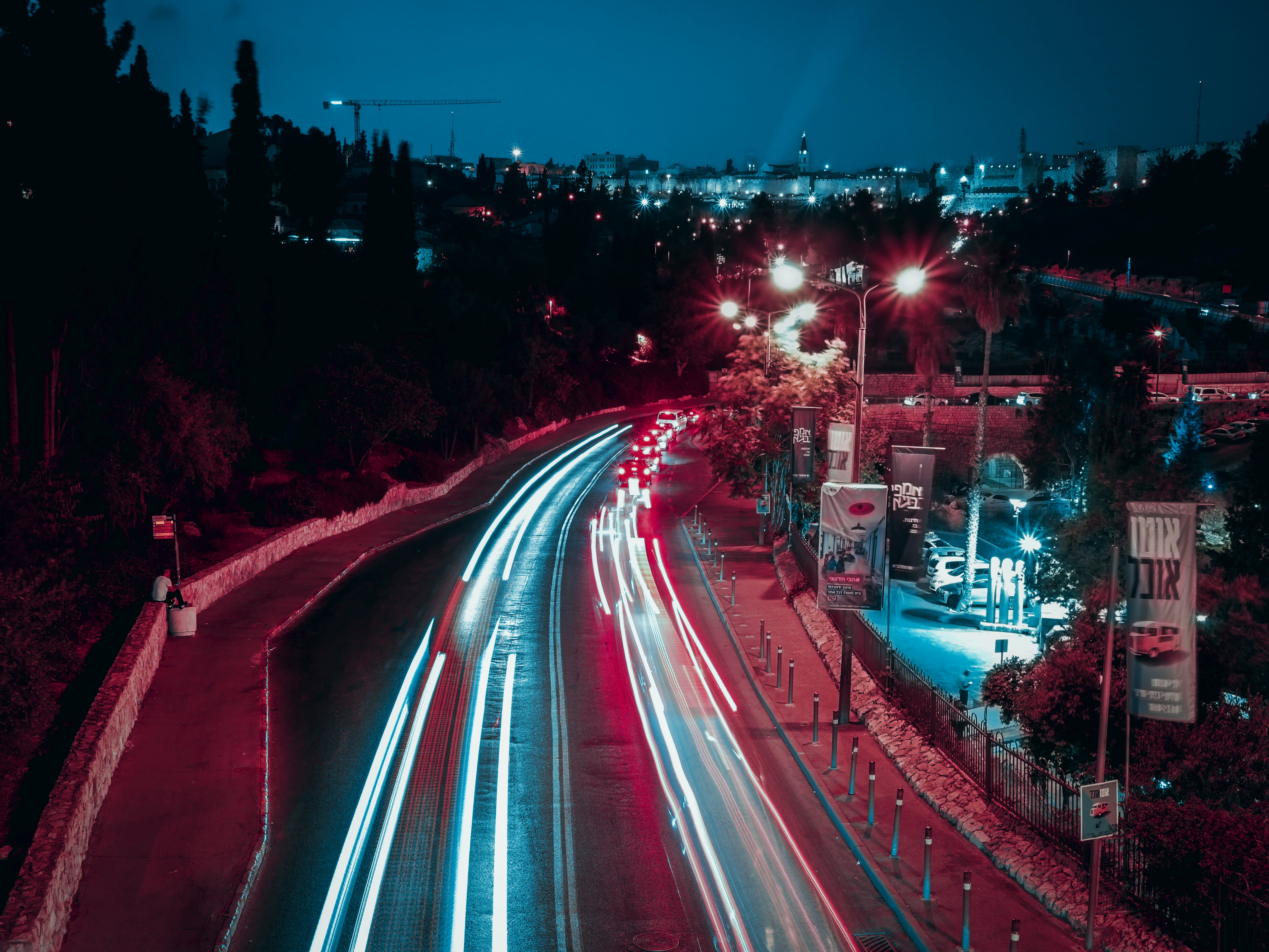 street, road, light trail, teal, 4K, illuminated, nigh shots, city life, street light, traffic, night, long exposure, no people, red, architecture, transportation, HD Wallpaper