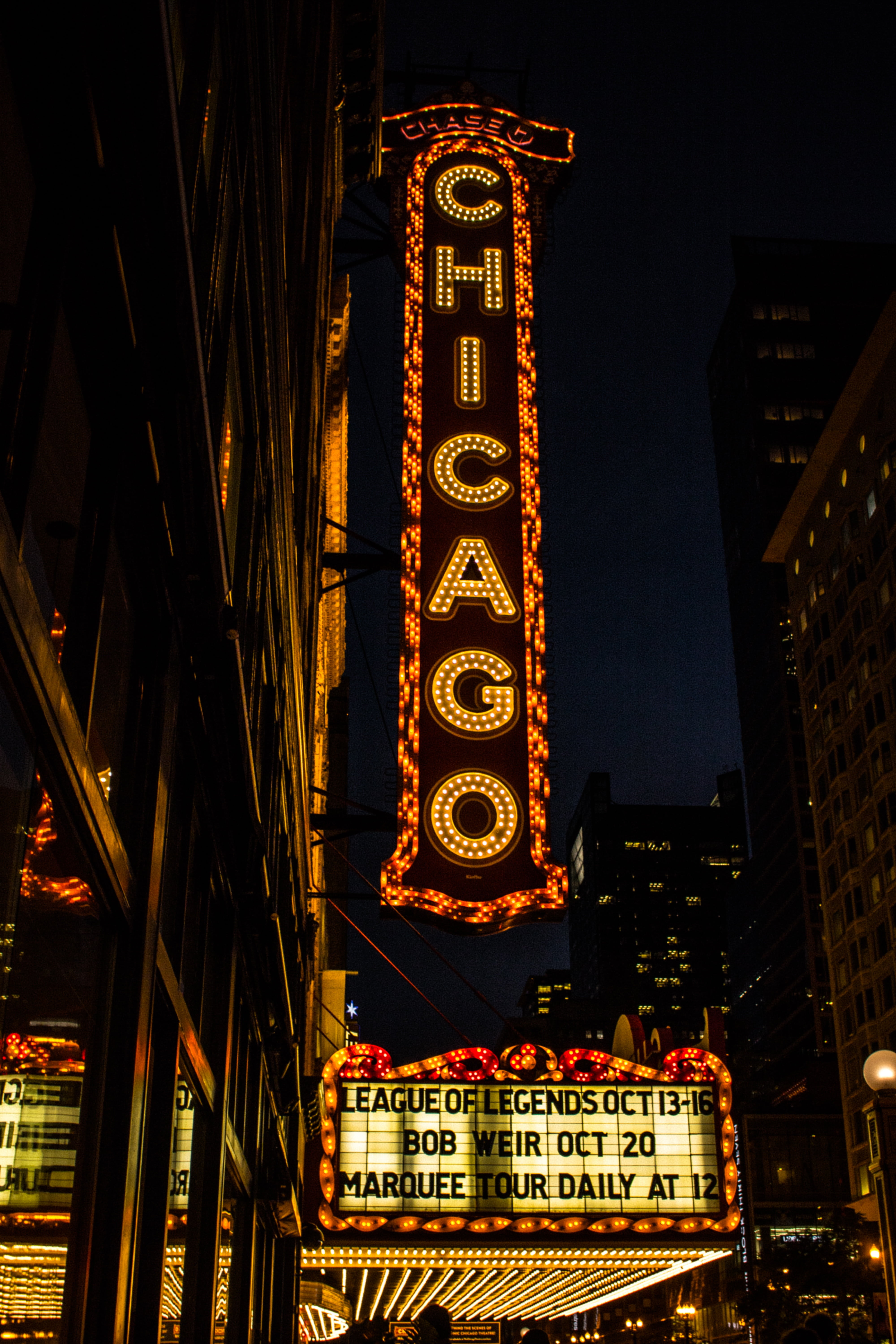city, lighted, lights, no people, building, built structure, clock, commercial sign, architecture, chicago, information, outdoors, sign, 5K, text, western script, Phone HD Wallpaper