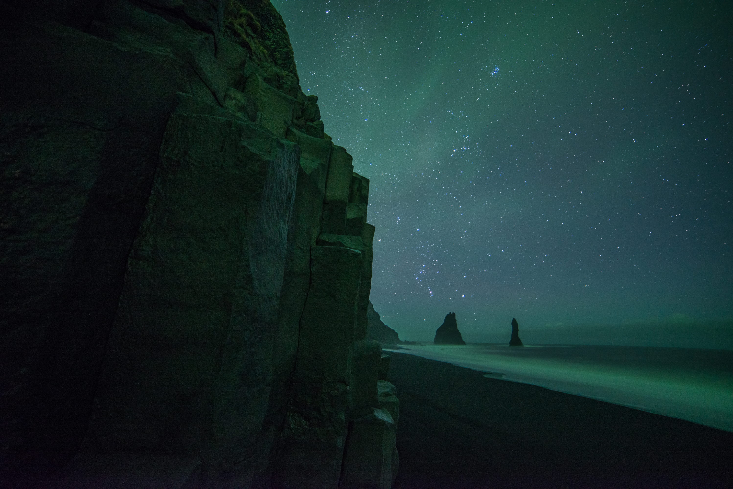 black sand, green, architecture, mountain, sky, star, beach, astronomy, tranquility, night time, silhouette, rocky, galaxy, mountains, milky way, astrology, HD Wallpaper