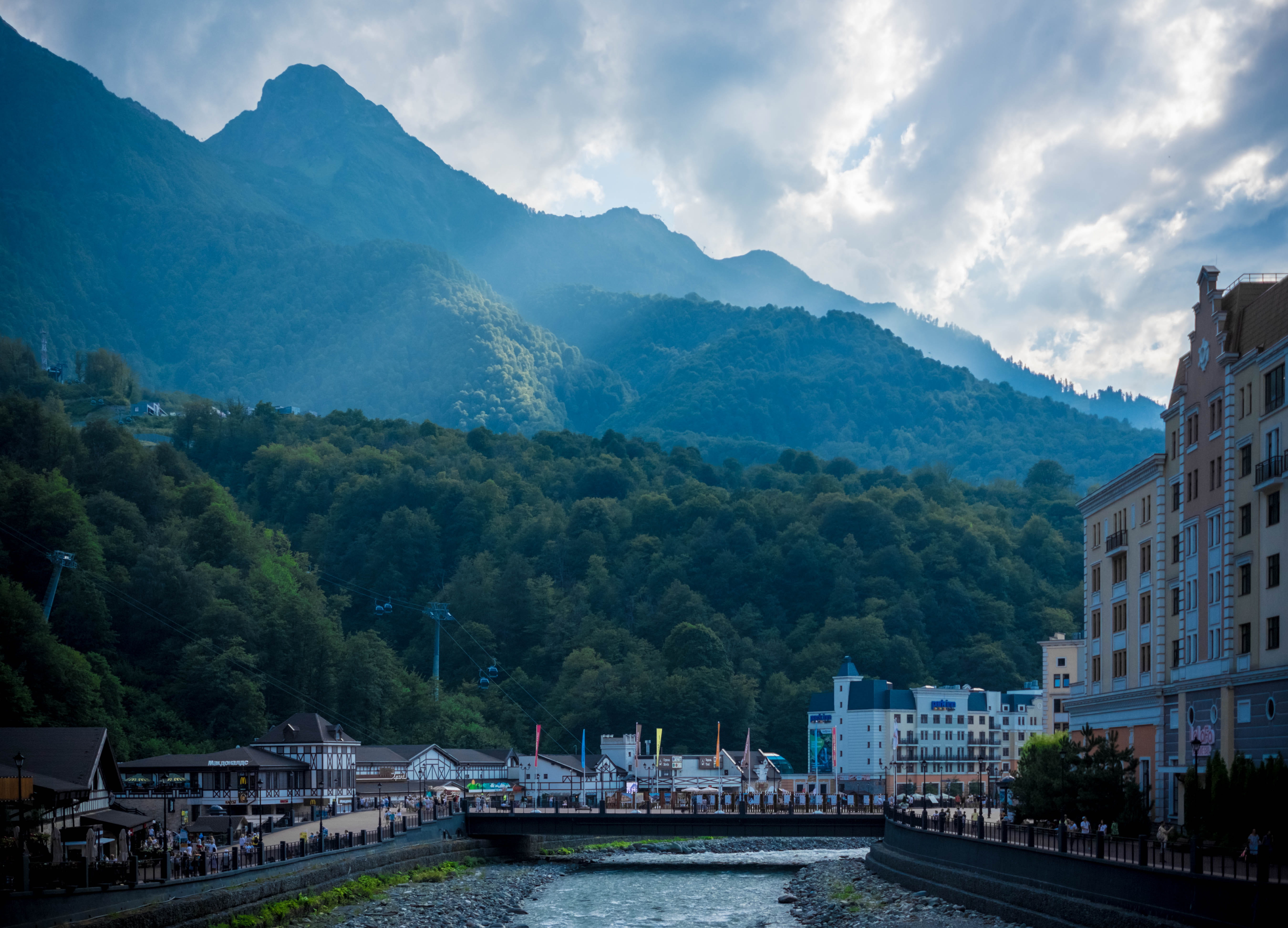 scenics - nature, mountain range, river, outdoors, architecture, plant, bridge - man made structure, tree, bridge, sochiponia, transportation, xe3, water, HD Wallpaper