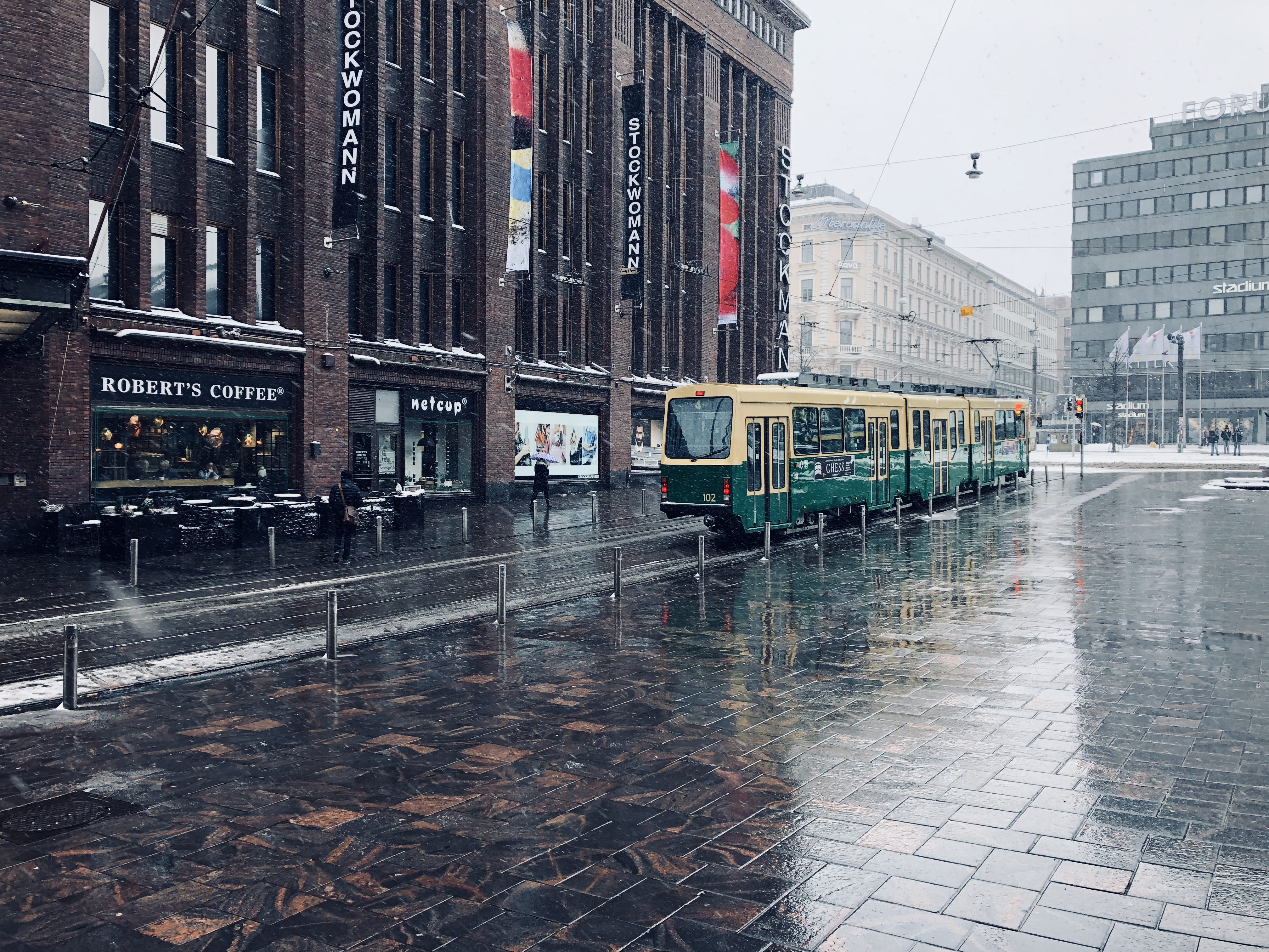 finland, helsinki, architecture, office building exterior, aleksanterinkatu 52, rain, road, tram, reflection, building, 4K, modern, day, transportation, HD Wallpaper