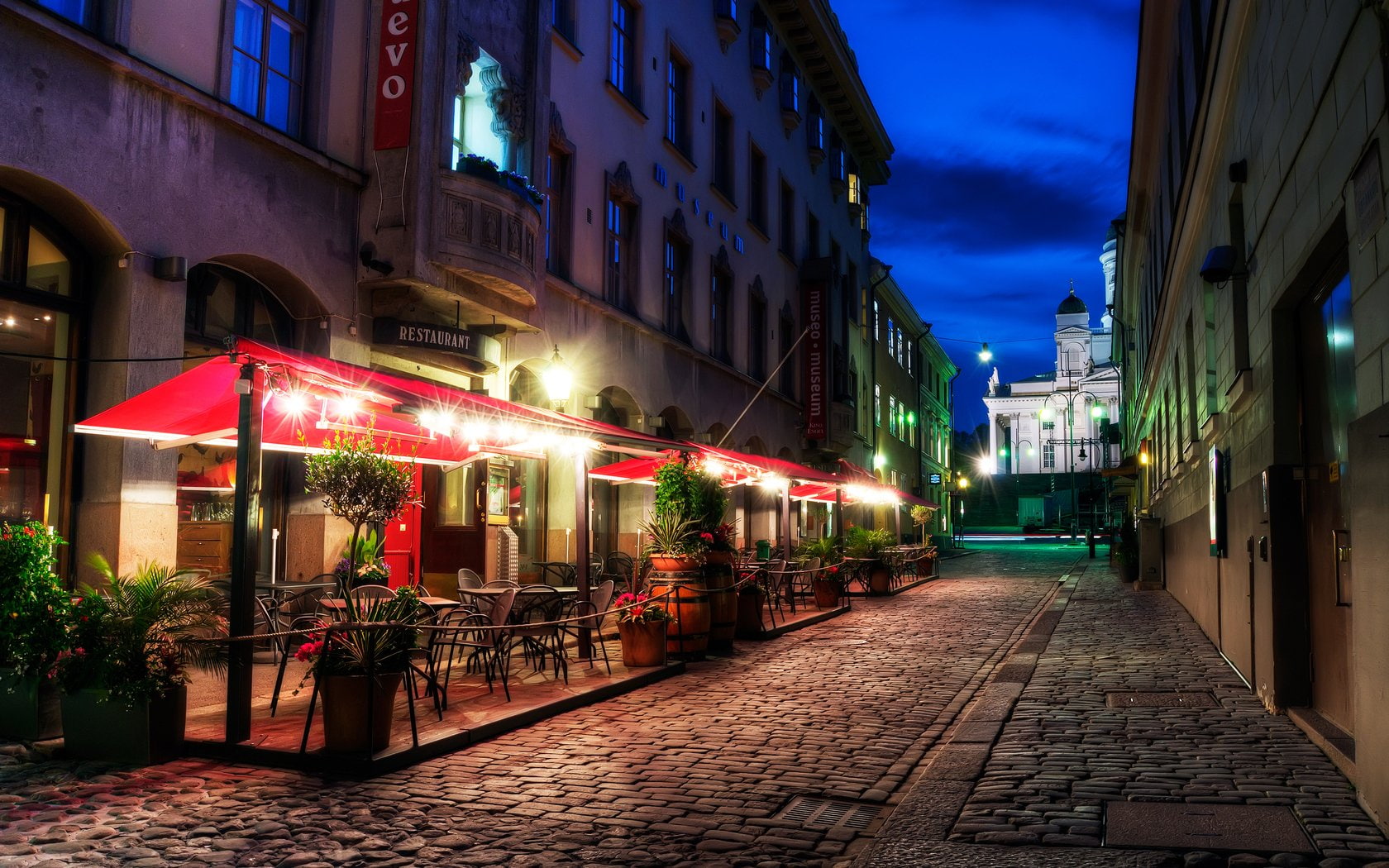 City, Street, motion, transportation, the way forward, cobblestone, 720P, direction, Architecture, Buildings, footpath, Helsinki, Sofiankatu, dusk, illuminated, HD Wallpaper