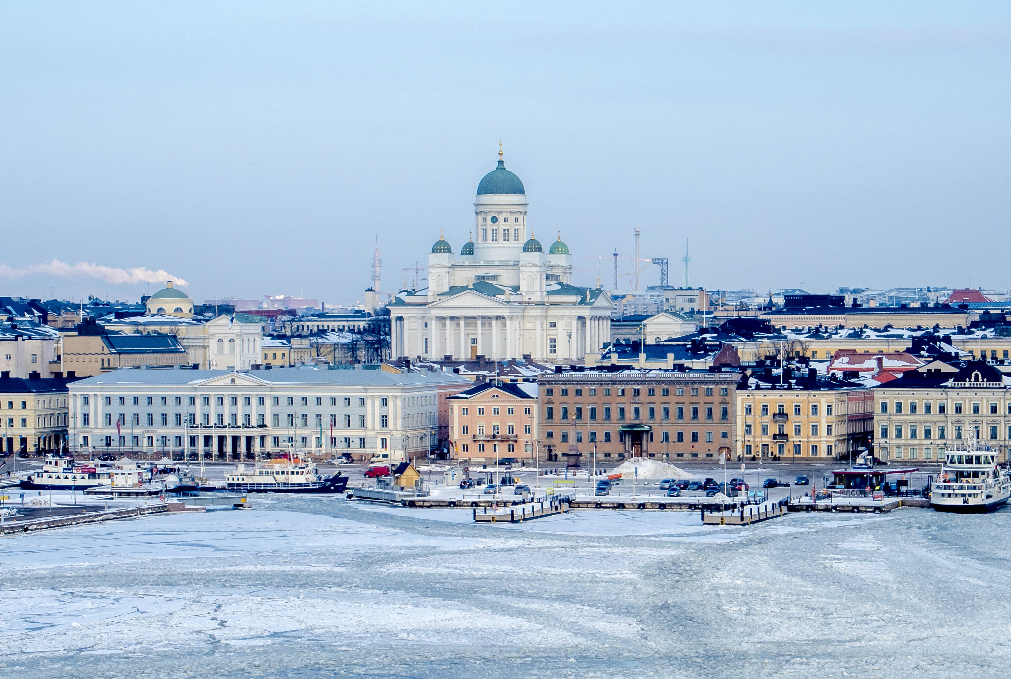 spire, dome, day, boat, town, spirituality, transportation, 2K, winter, belief, urban, built structure, vehicle, white, nature, helsinki, government, downtown, HD Wallpaper