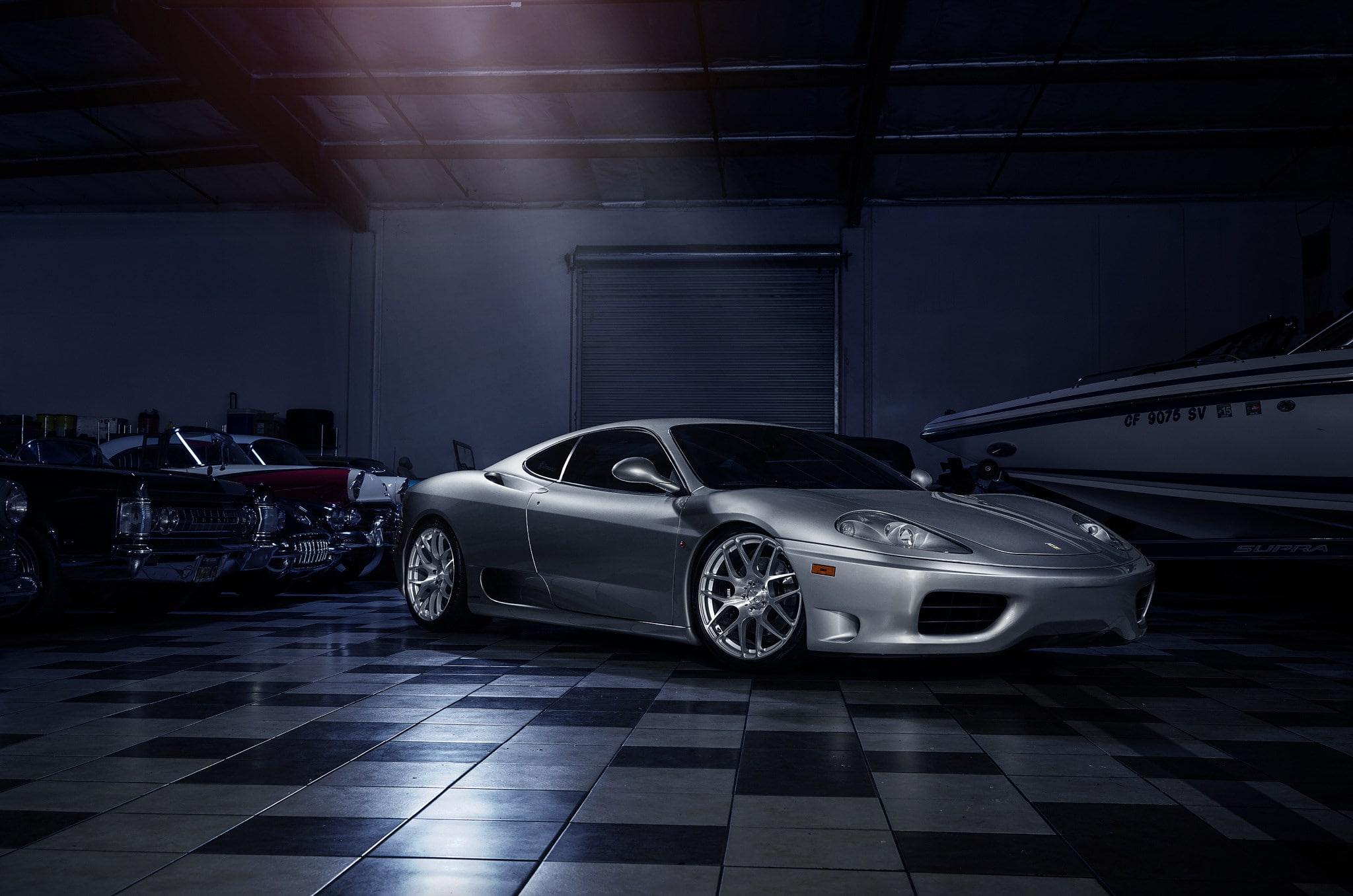 retail, no people, land vehicle, wealth, parking garage, luxury, 1080P, ferrari 360 modena, auto repair shop, lighting equipment, sports car, shopping, HD Wallpaper
