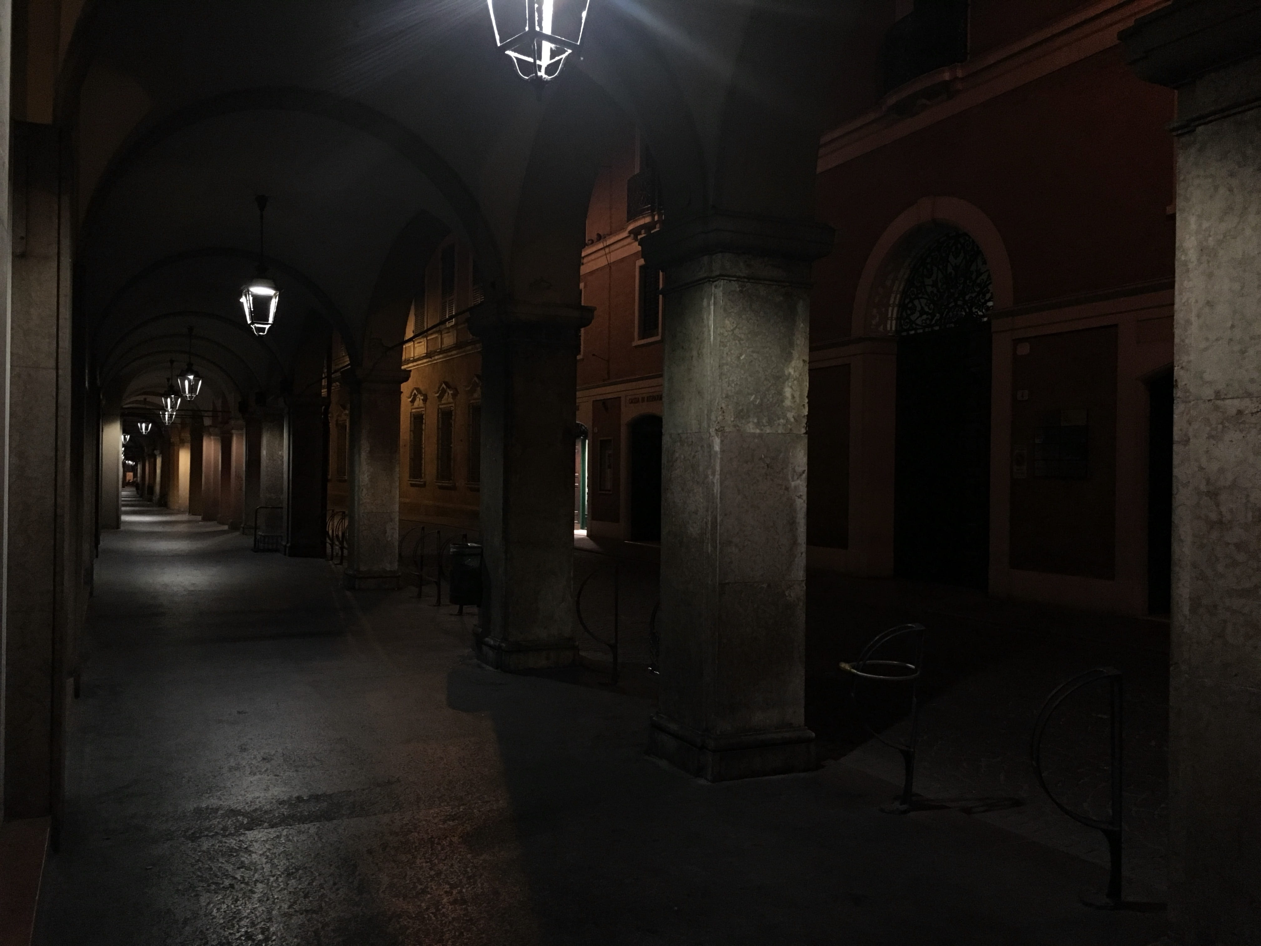 lights, travel destinations, absence, architectural column, dark, illuminated, no people, history, modena, lighting equipment, corridor, porch, arch, the past, HD Wallpaper