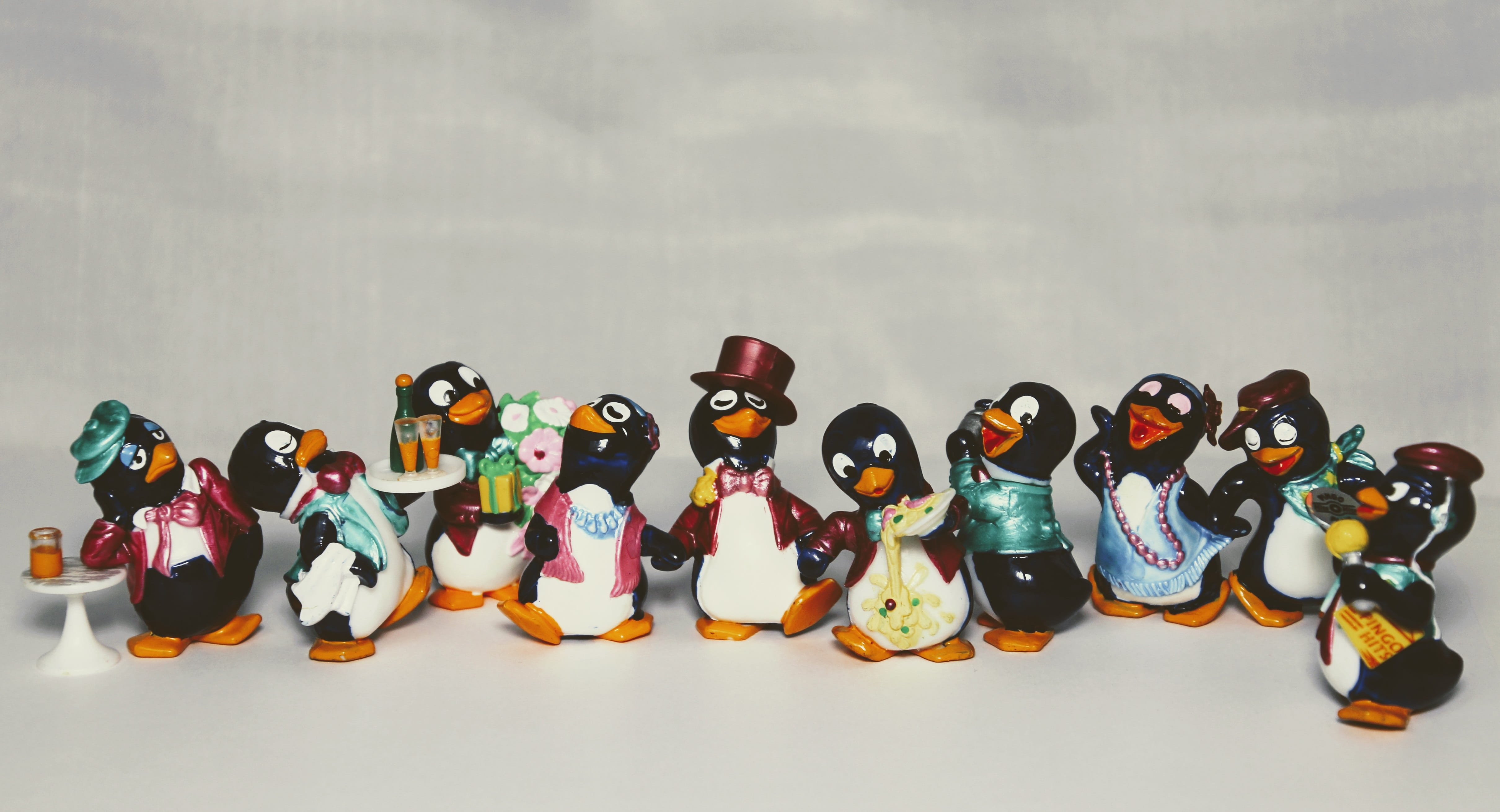 outdoors, peppy pingu, still life, white background, copy space, Peppy, figurine, no people, toys, art and craft, day, 4K, side by side, order, gray, together, HD Wallpaper